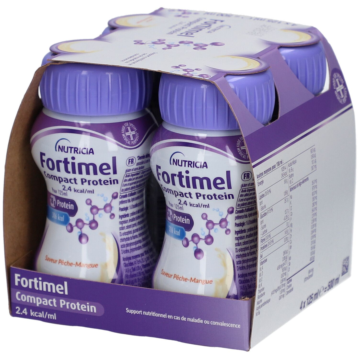 Emballage de quatre bouteilles Fortimel Compact Protein 2,4 kcal/ml. Bouchons violets, étiquette blanche, liquide jaune.