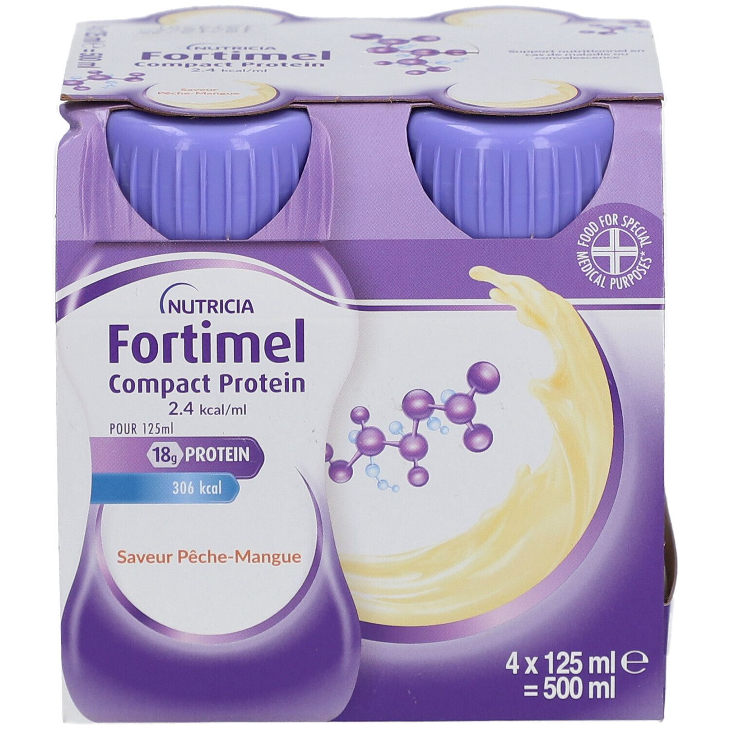 Emballage de quatre bouteilles Fortimel Compact Protein 2,4 kcal/ml. Bouchons violets, étiquette blanche, liquide jaune.