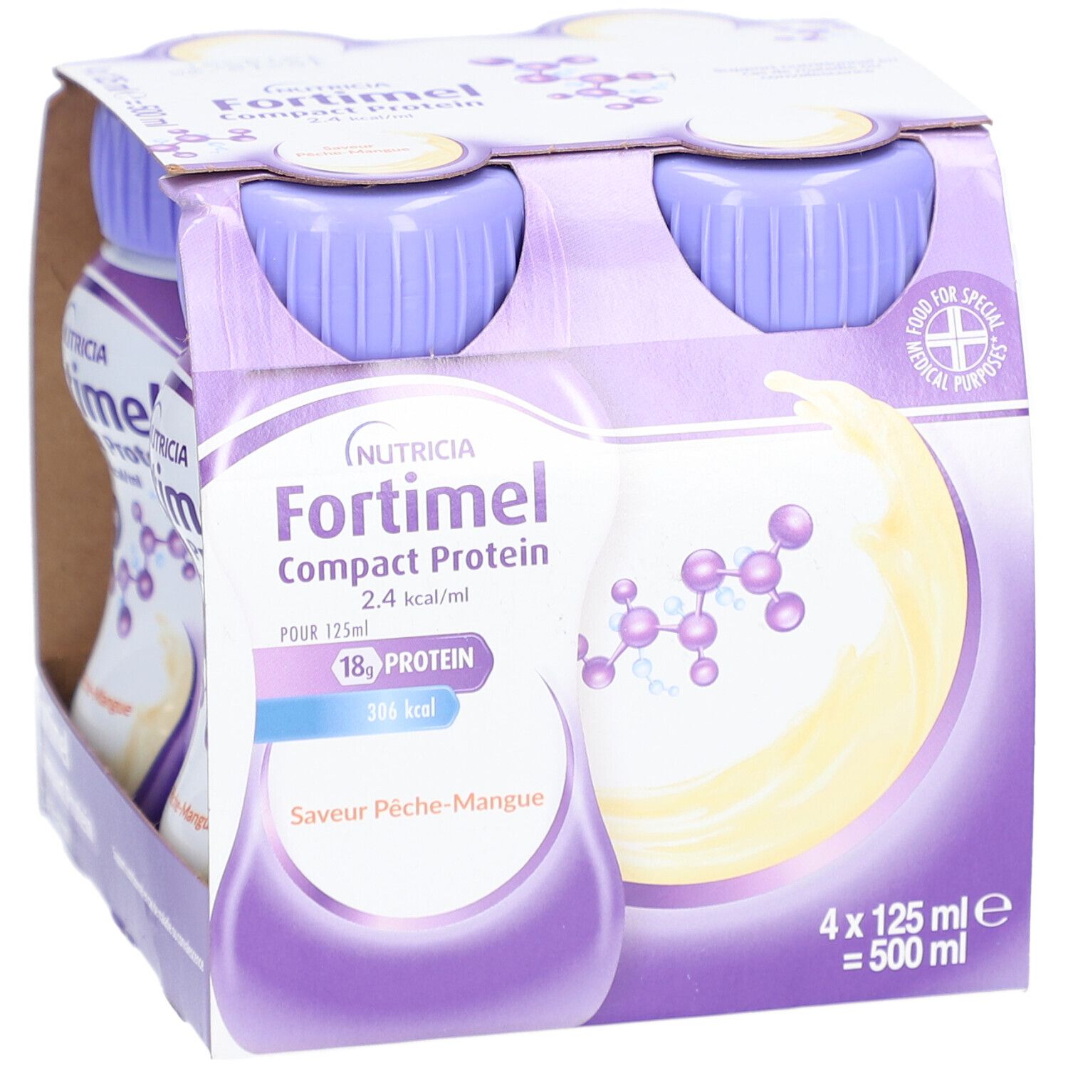 Emballage de quatre bouteilles Fortimel Compact Protein 2,4 kcal/ml. Bouchons violets, étiquette blanche, liquide jaune.