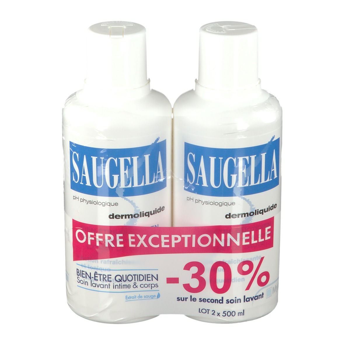 Saugella - Dermoliquide - Soin lavant pour l’hygiène intime quotidienne des femmes adultes - à base d’extrait de Sauge - Assure le bien-être intime quotidien - Flacons Lot 2x500 ml
