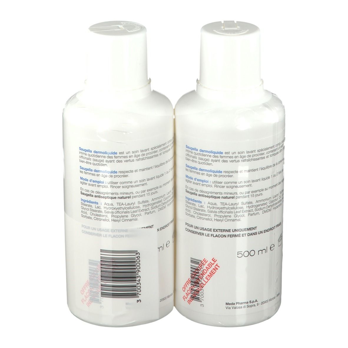 Saugella - Dermoliquide - Soin lavant pour l’hygiène intime quotidienne des femmes adultes - à base d’extrait de Sauge - Assure le bien-être intime quotidien - Flacons Lot 2x500 ml