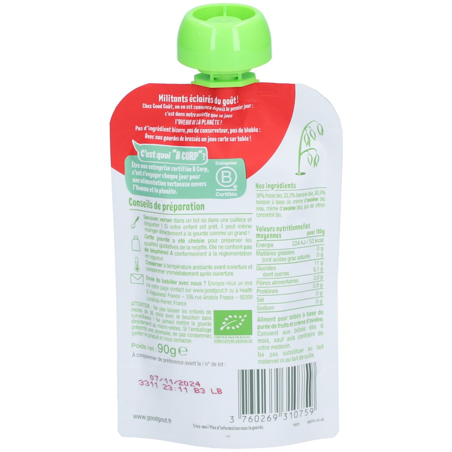Good Goût Brassé Végétal Avoine Fraise Banane