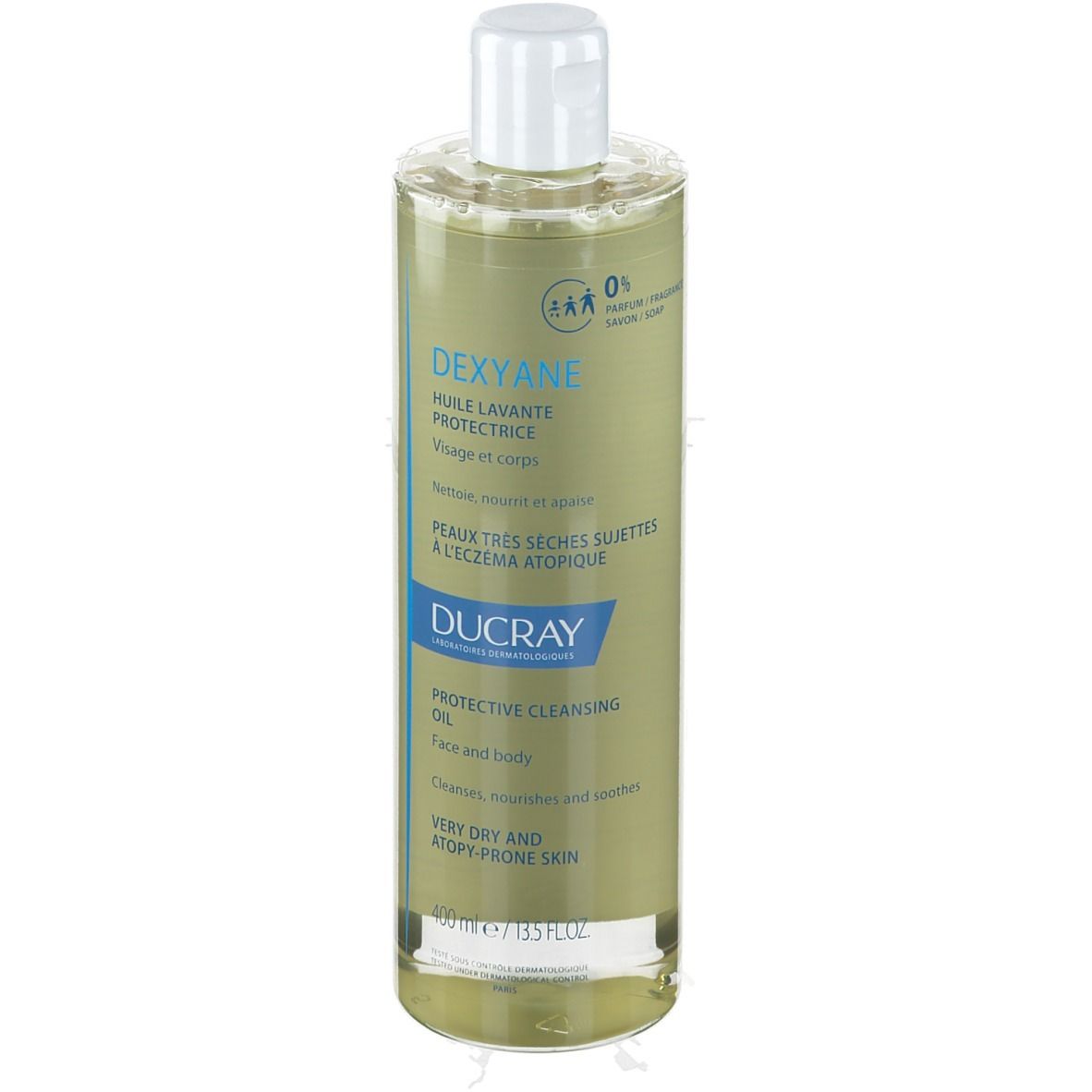 Flacon d'huile jaune. Texte: DEXYANE, HUILE LAVANTE PROTECTRICE, 400 ml.