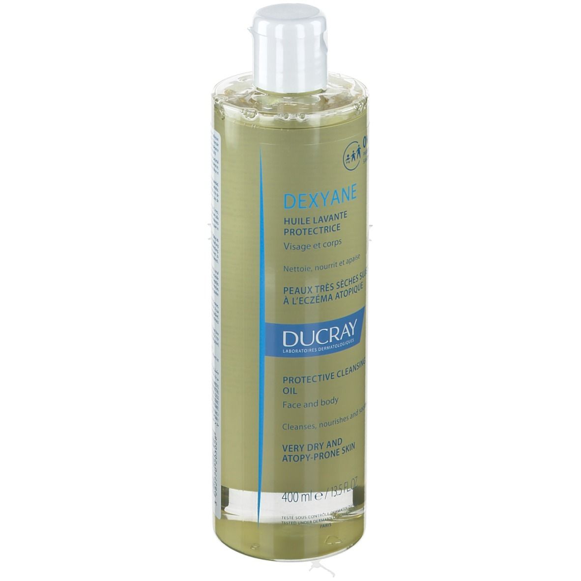 Flacon d'huile jaune. Texte: DEXYANE, HUILE LAVANTE PROTECTRICE, 400 ml.