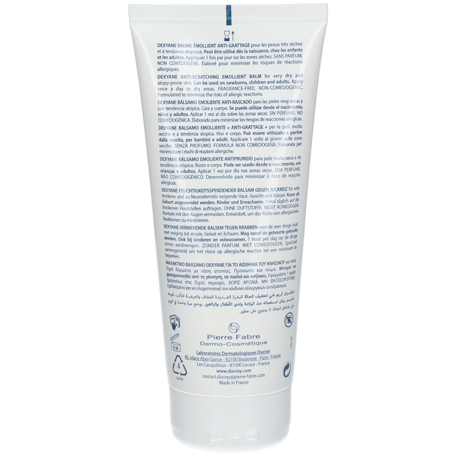 Dos du tube avec informations produit. Texte multilingue. Fabricant : Pierre Fabre.