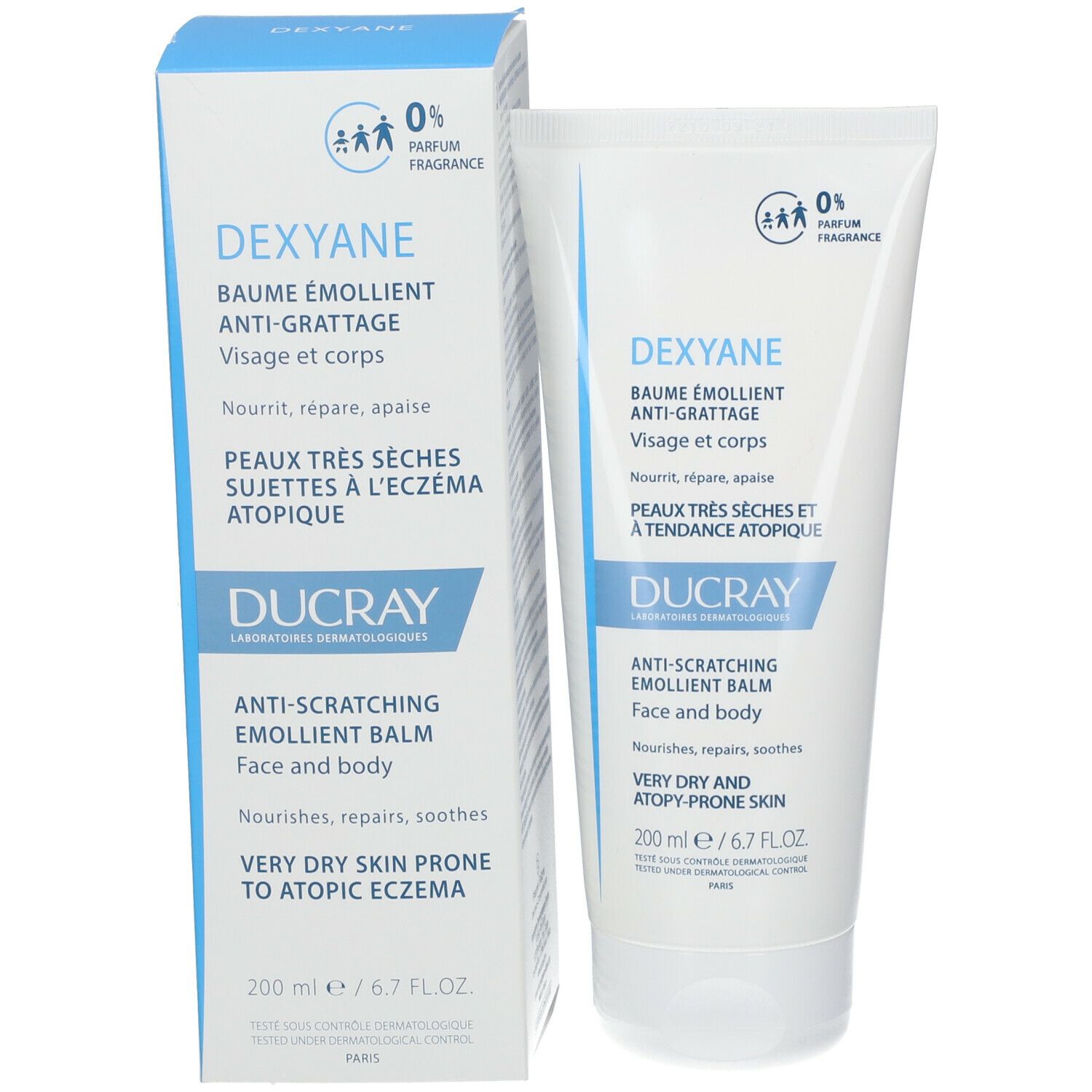 Emballage du produit avec tube. Contient DEXYANE Baume. Pour peaux très sèches à tendance atopique. 200 ml.