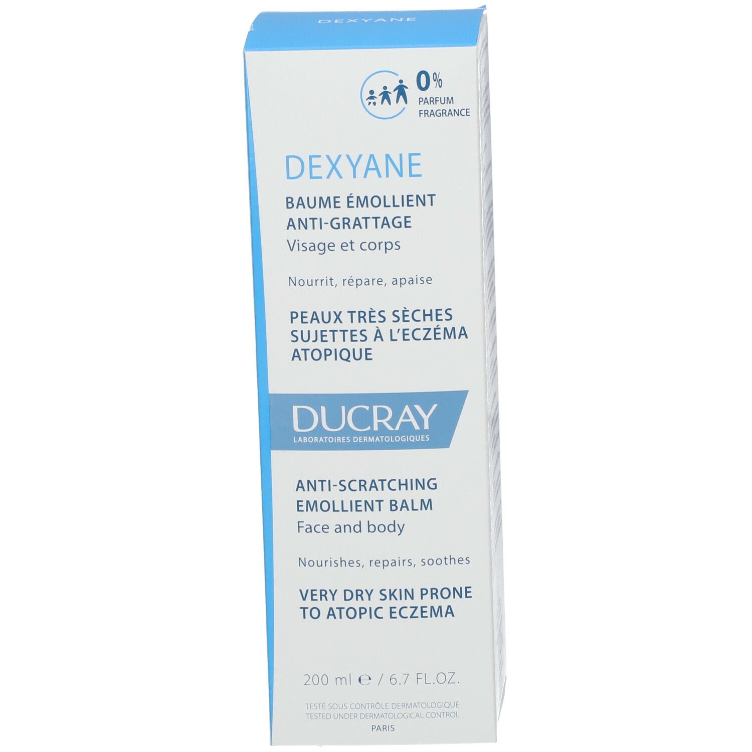 Emballage du produit. Contient DEXYANE Baume. Pour peaux très sèches à tendance atopique. 200 ml.