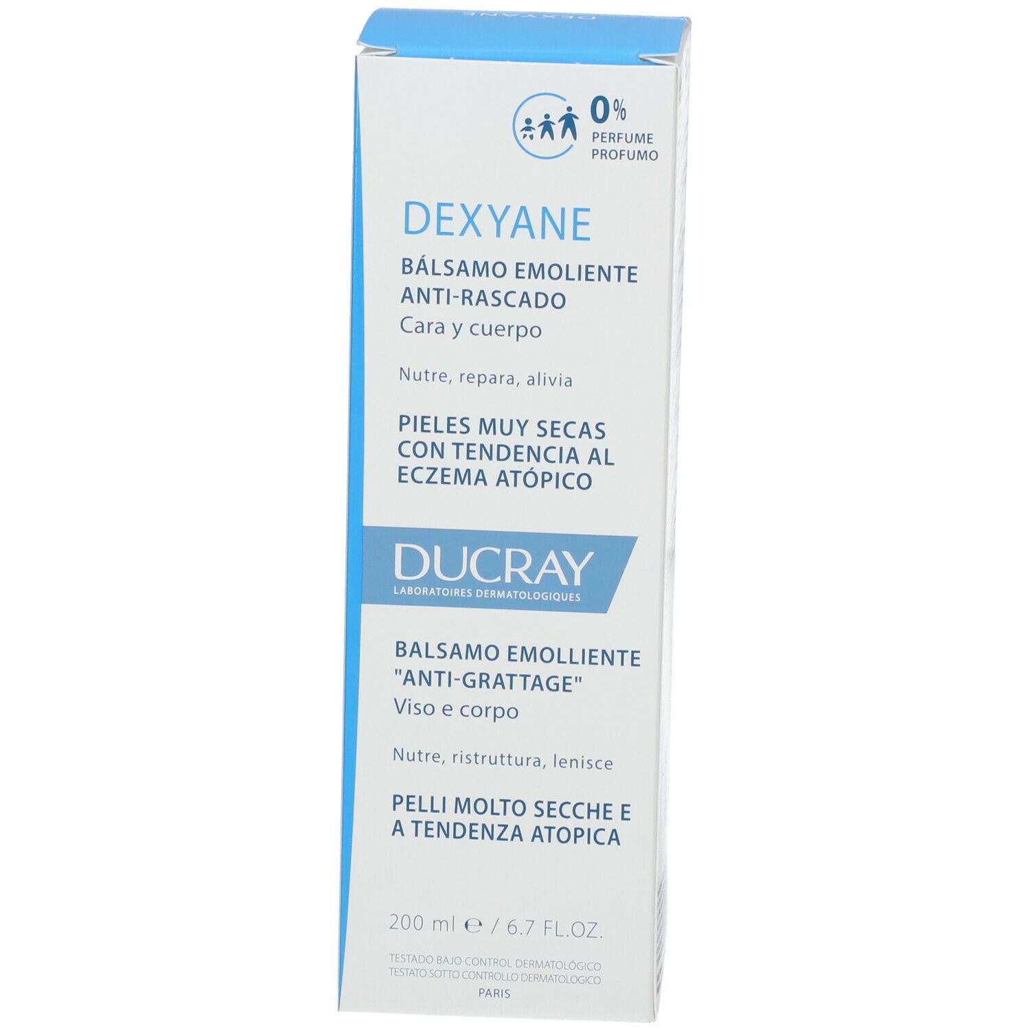 Emballage du produit. Contient DEXYANE Baume. Pour peaux très sèches à tendance atopique. 200 ml.