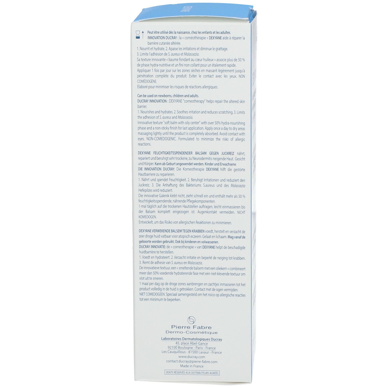 Dos de l'emballage avec informations produit. Texte multilingue. Fabricant : Pierre Fabre.