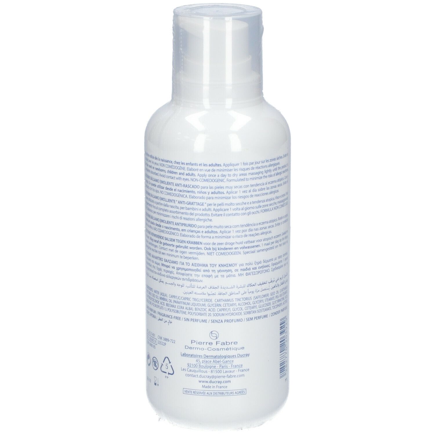 Dos du flacon blanc DUCRAY DEXYANE Baume. Texte multilingue. Informations fabricant.