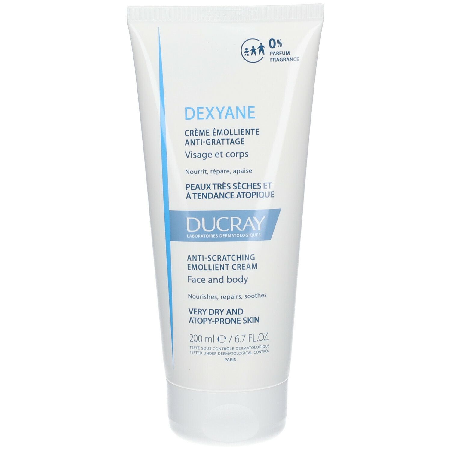 Tube de crème émolliente blanche, lettrage bleu. Contient DEXYANE, pour visage et corps. 200 ml.