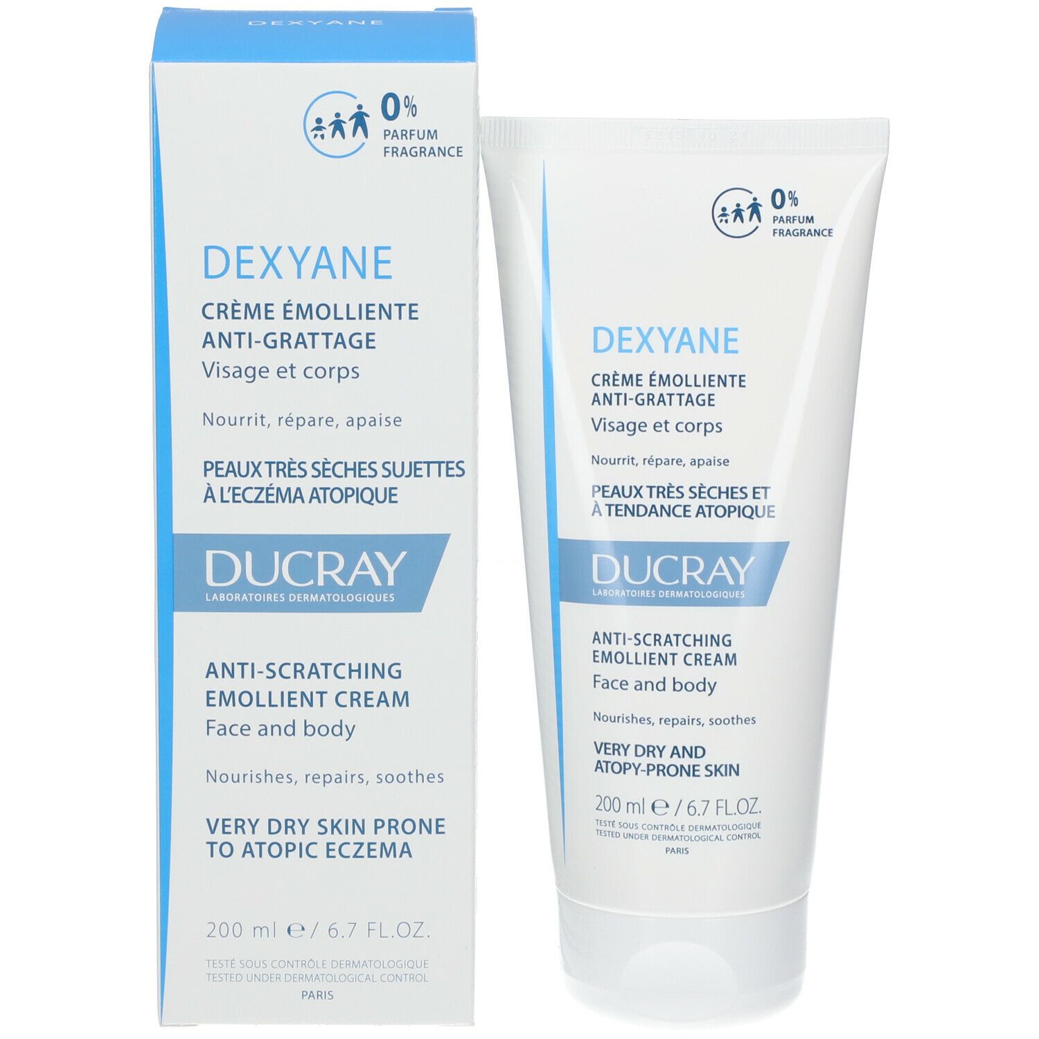 Emballage carton et tube de crème. Contient DEXYANE, pour visage et corps. 200 ml.