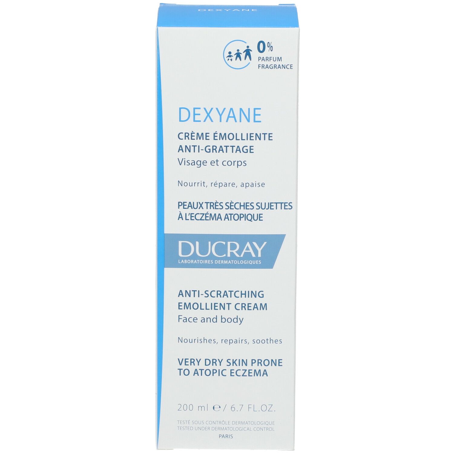 Emballage carton. Contient DEXYANE, pour visage et corps. 200 ml. Texte : 0% parfum.