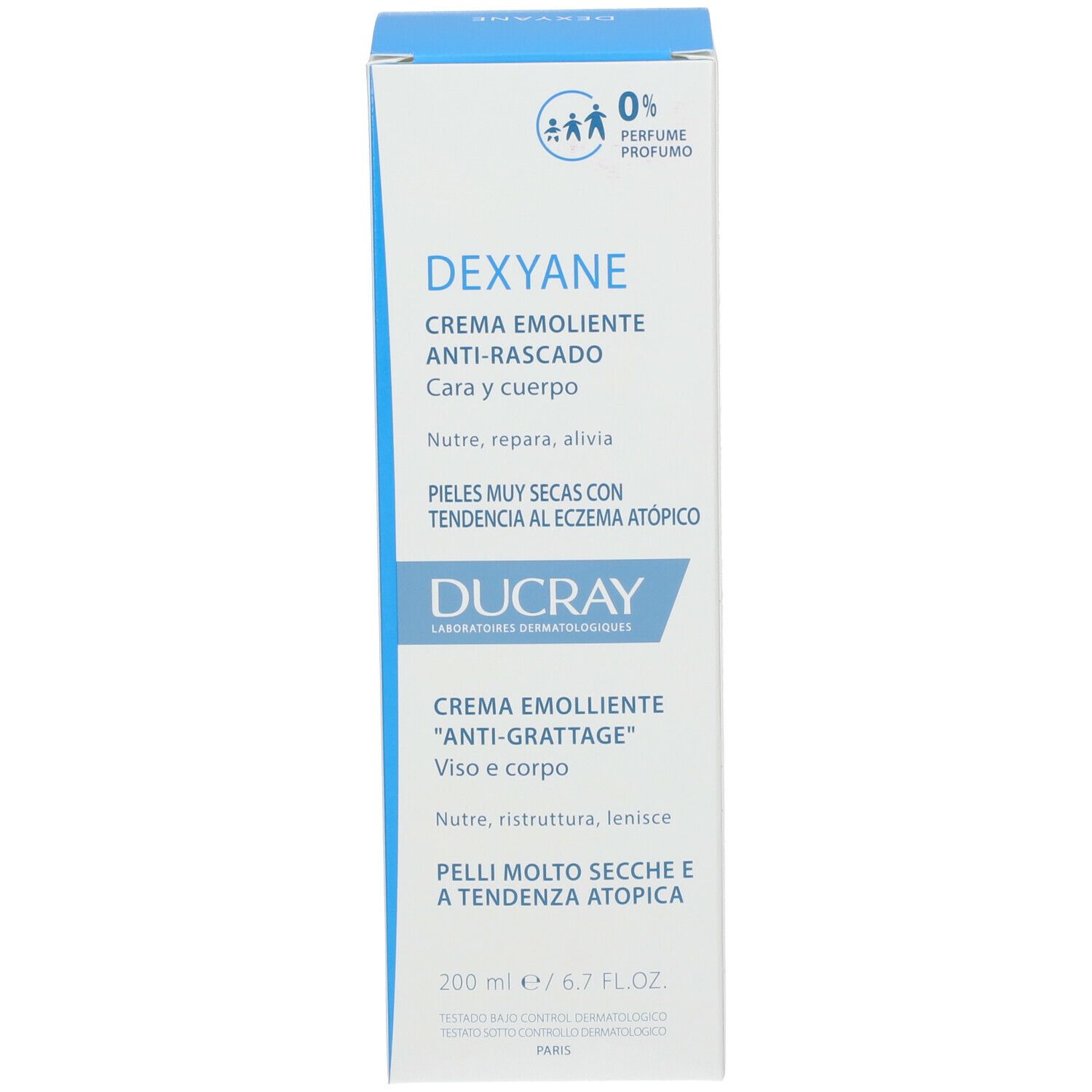 Emballage carton. Contient DEXYANE, pour visage et corps. 200 ml. Texte : 0% parfum.