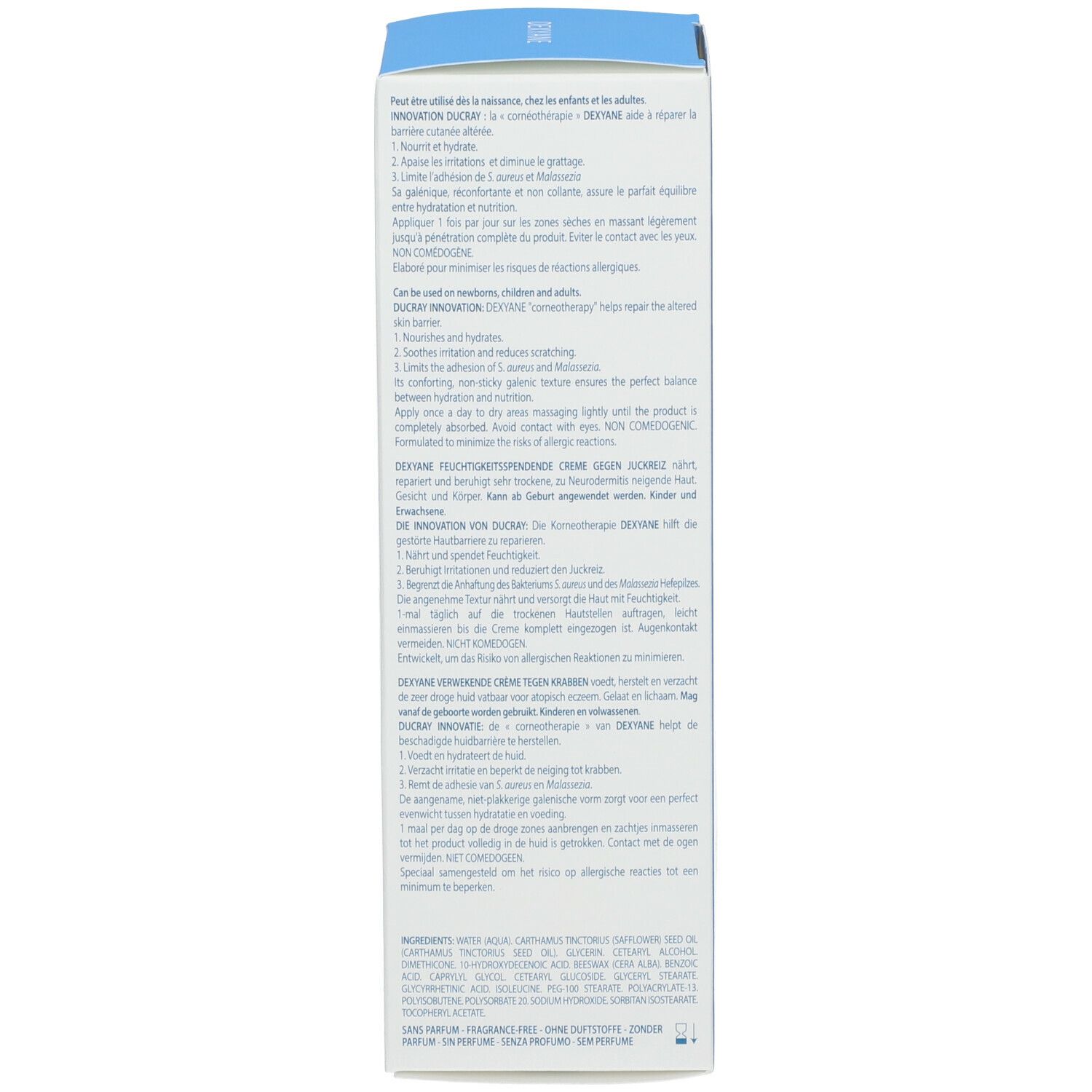 Dos de l'emballage carton. Texte multilingue. Contient des informations sur l'utilisation.