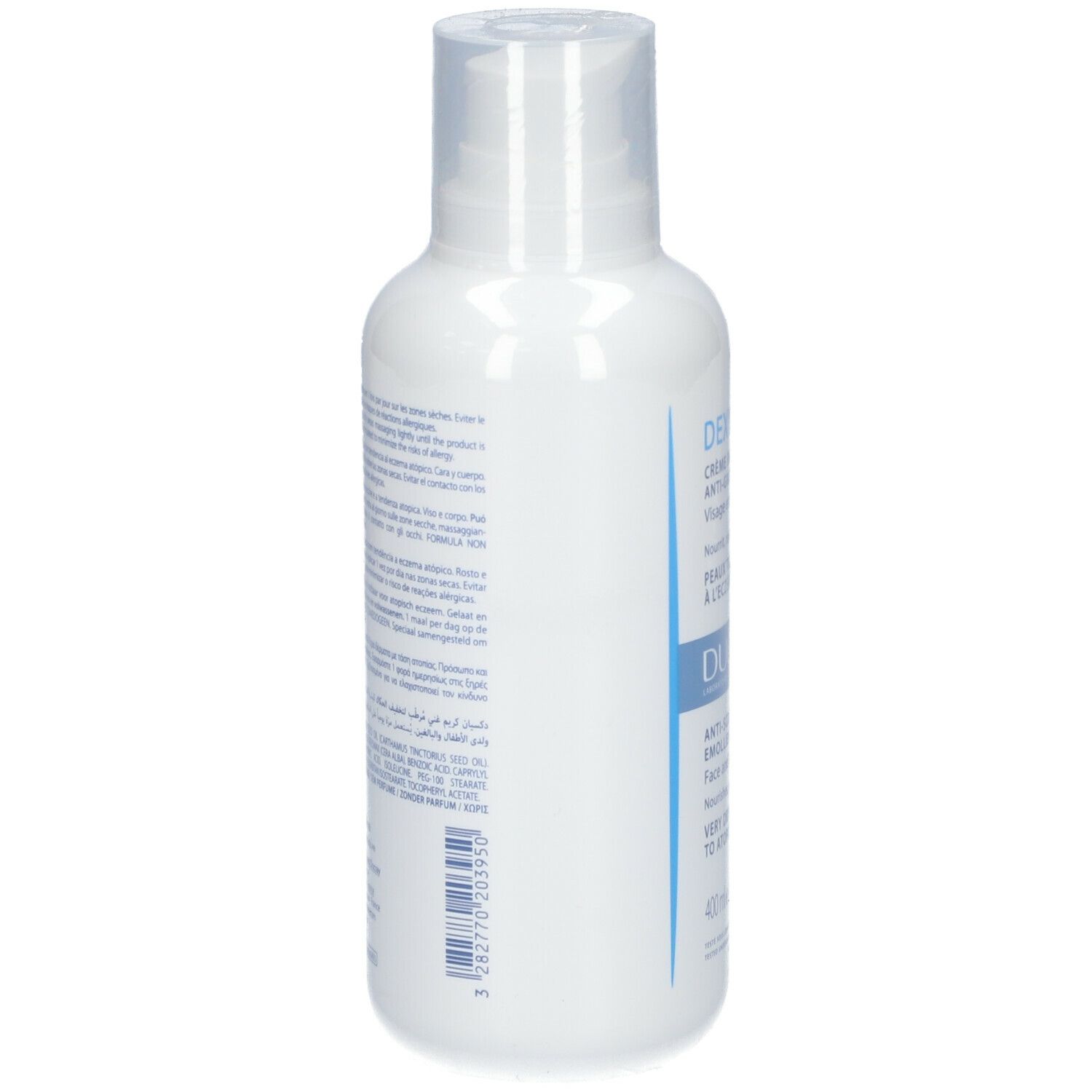 Dos du flacon blanc DUCRAY DEXYANE. Texte multilingue. Ingrédients et informations.