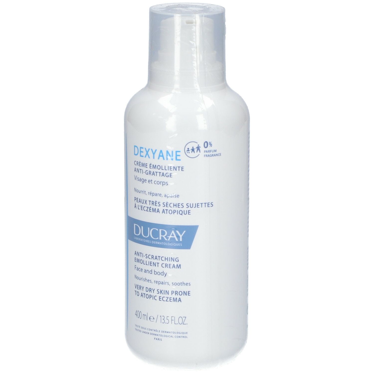 Dos du flacon blanc DUCRAY DEXYANE. Texte multilingue. Ingrédients et informations.