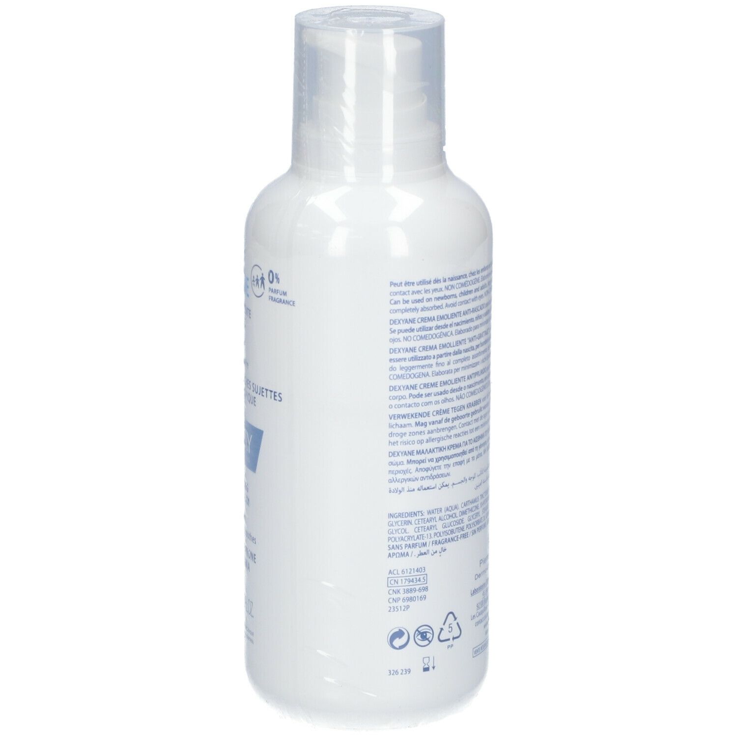 Flacon blanc DUCRAY DEXYANE. Texte en français et anglais. 400 ml.