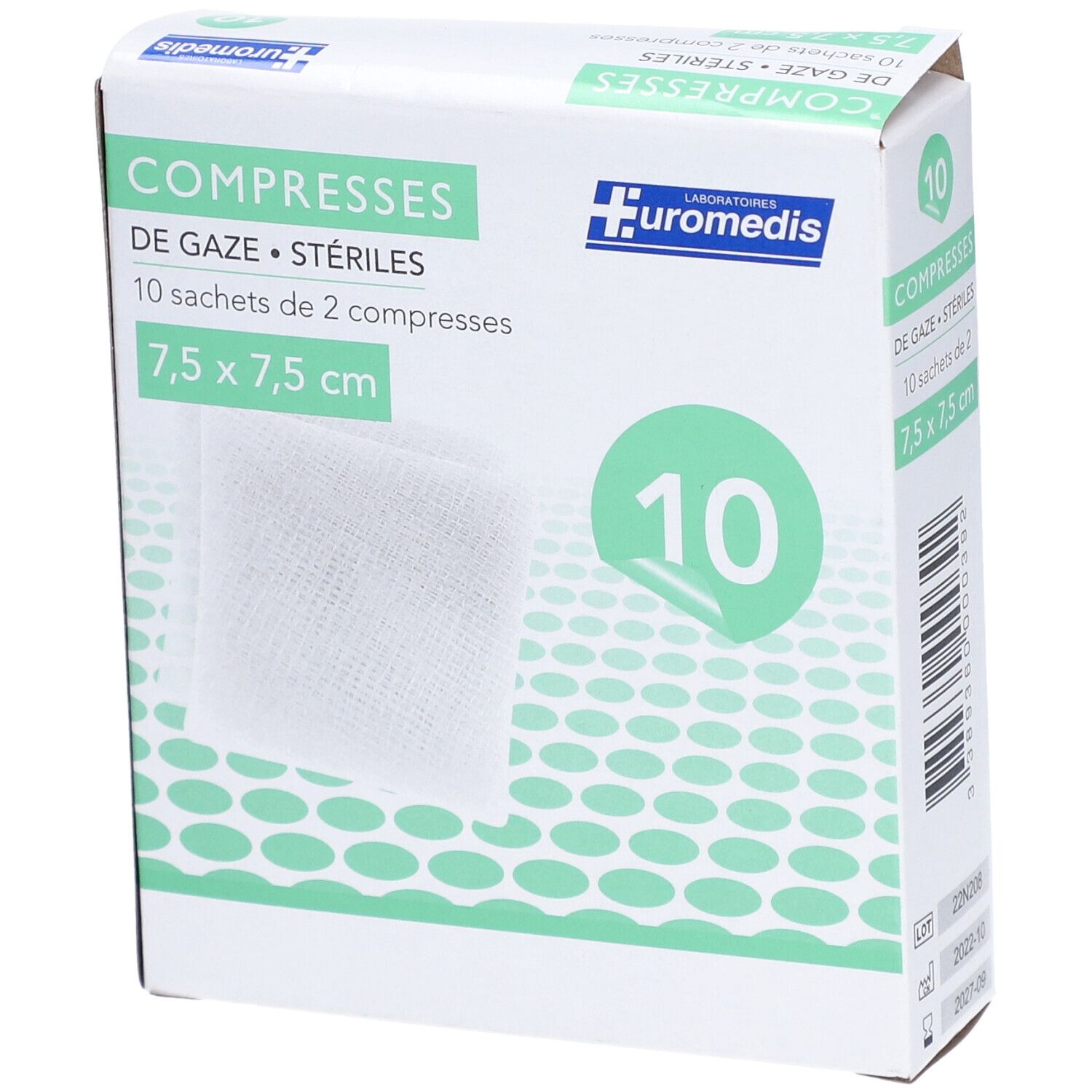EUROMÉDIS COMPRESSE - Compresse de gaze hydrophile stérile 7,5 cm x 7,5 cm, sachet de 2, 1