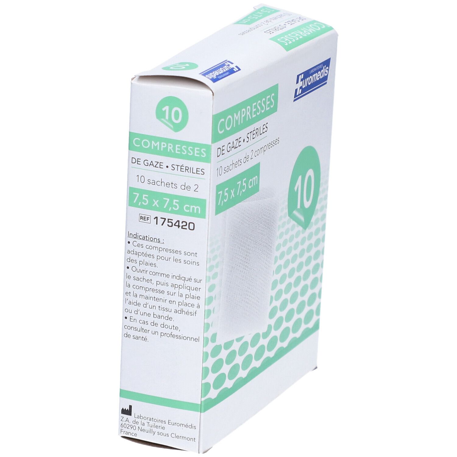 EUROMÉDIS COMPRESSE - Compresse de gaze hydrophile stérile 7,5 cm x 7,5 cm, sachet de 2, 1