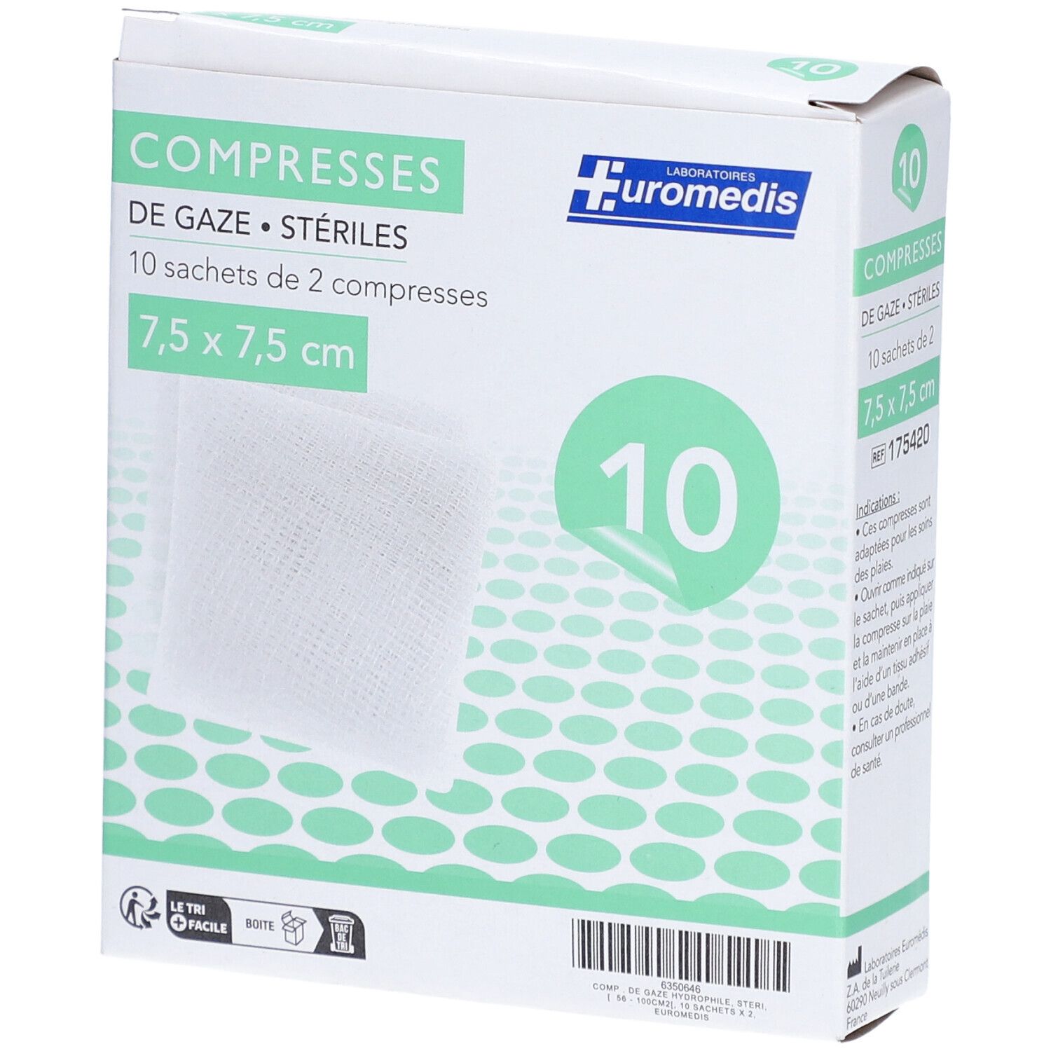 EUROMÉDIS COMPRESSE - Compresse de gaze hydrophile stérile 7,5 cm x 7,5 cm, sachet de 2, 1