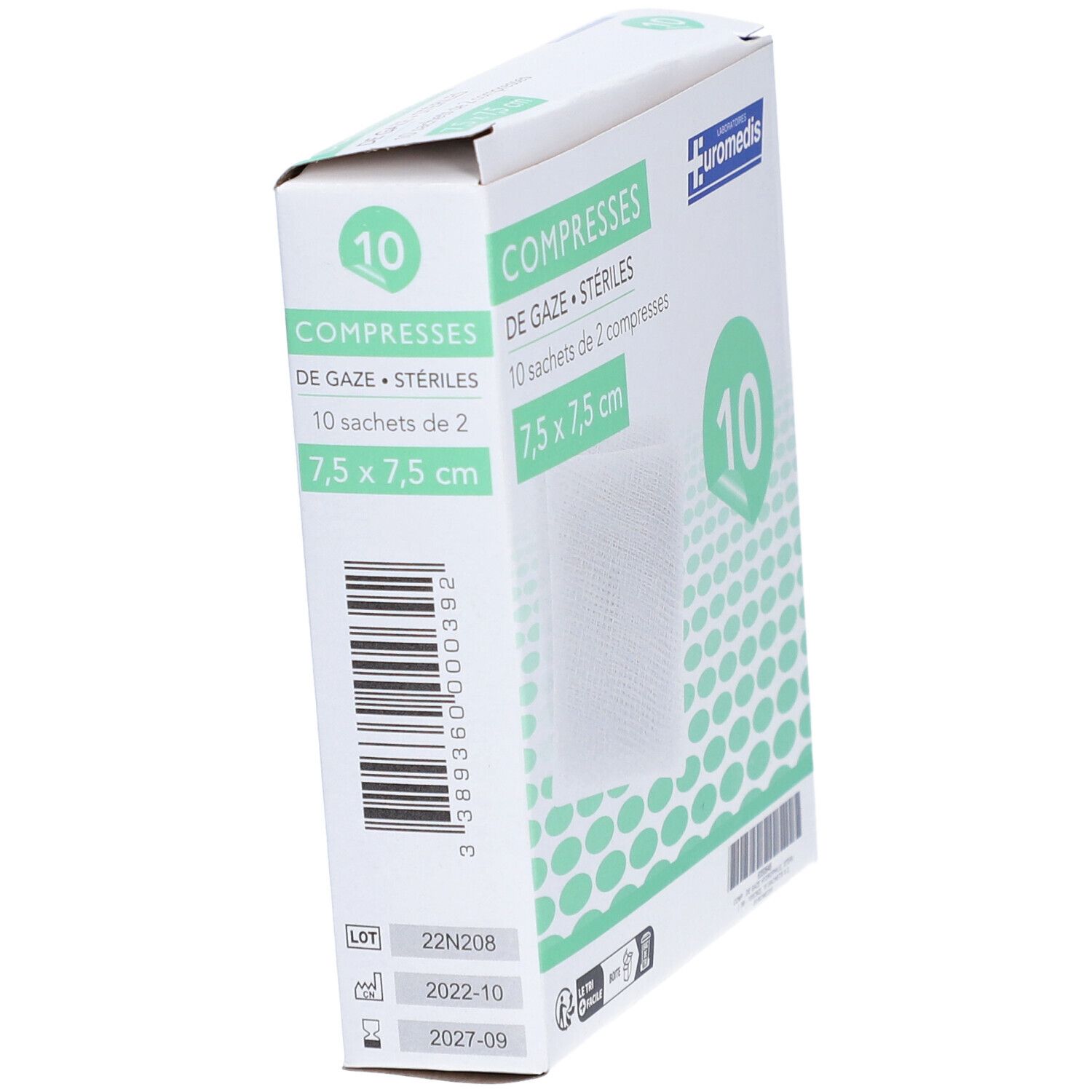 EUROMÉDIS COMPRESSE - Compresse de gaze hydrophile stérile 7,5 cm x 7,5 cm, sachet de 2, 1