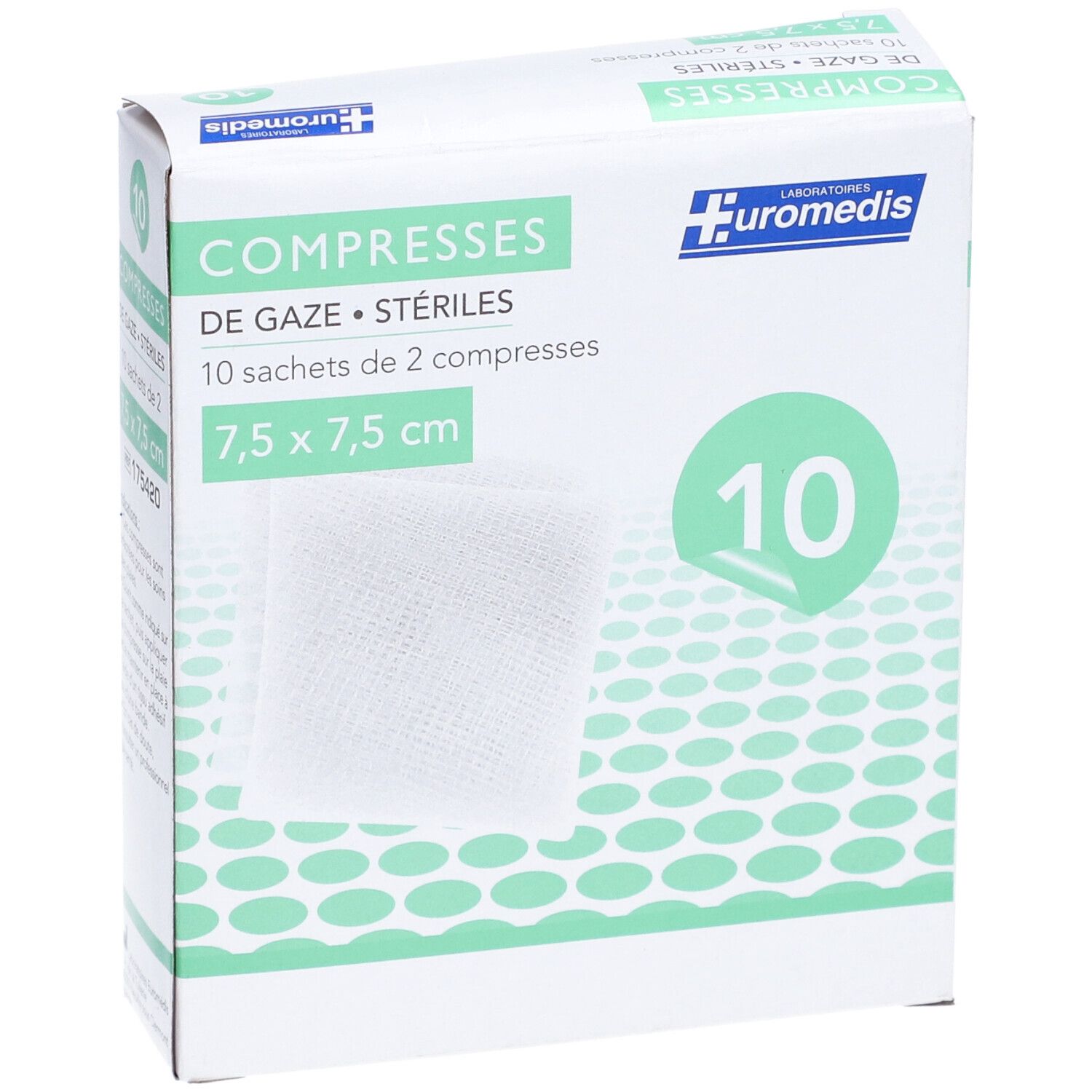 EUROMÉDIS COMPRESSE - Compresse de gaze hydrophile stérile 7,5 cm x 7,5 cm, sachet de 2, 1