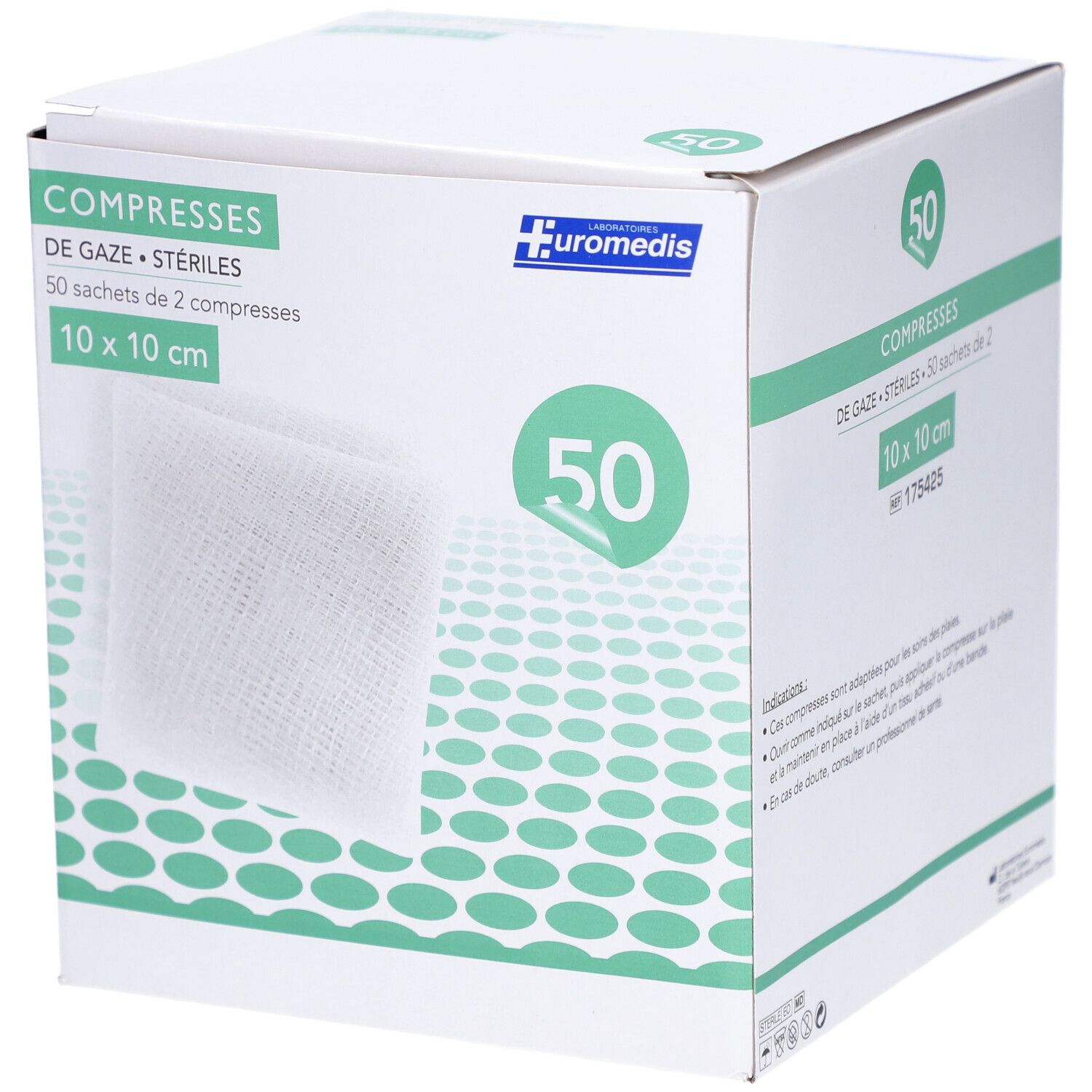 Boîte de compresses de gaze stériles. Inscription: COMPRESSES DE GAZE STÉRILES, 10 x 10 cm. Marque: EUROMEDIS. 50 unités.