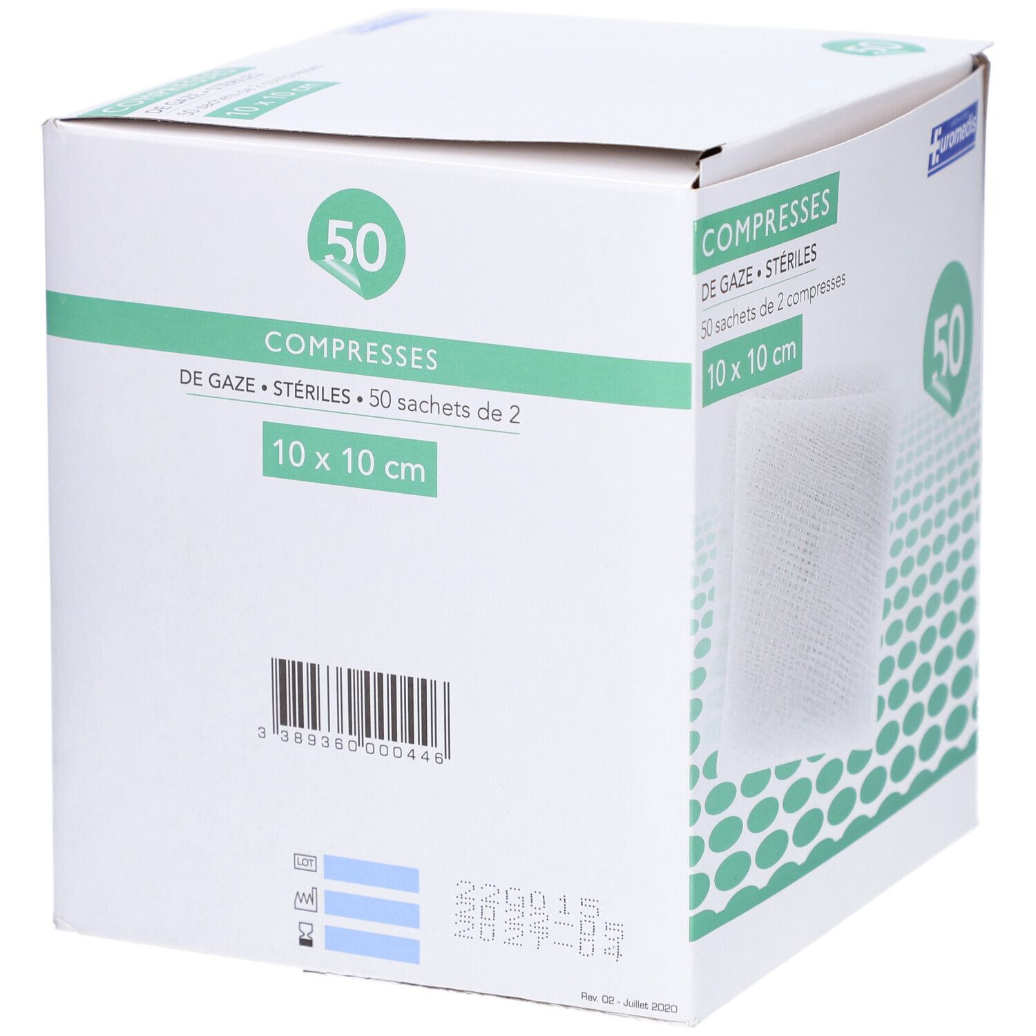 Boîte de compresses de gaze stériles. Inscription: COMPRESSES DE GAZE STÉRILES, 10 x 10 cm. Marque: EUROMEDIS. 50 unités. Code-barres.
