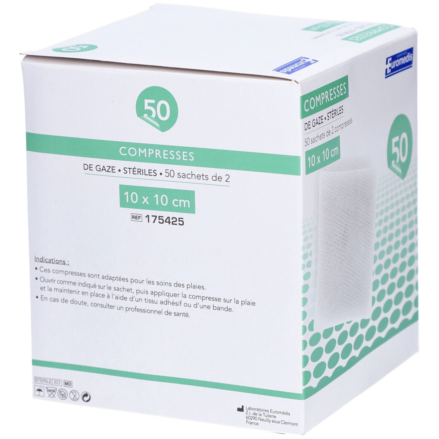 Boîte de compresses de gaze stériles. Inscription: COMPRESSES DE GAZE STÉRILES, 10 x 10 cm. Marque: EUROMEDIS. 50 unités. Texte sur l'utilisation.