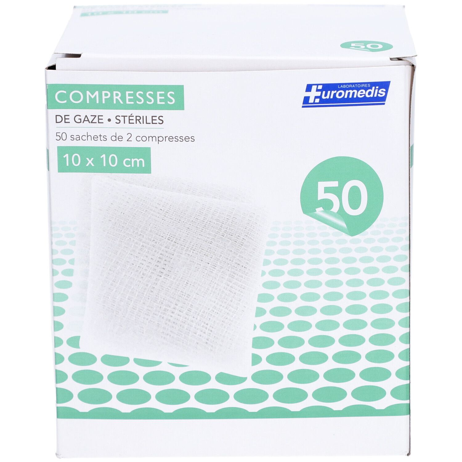 Boîte de compresses de gaze stériles. Inscription: COMPRESSES DE GAZE STÉRILES, 10 x 10 cm. Marque: EUROMEDIS. 50 unités. Deux compresses visibles.