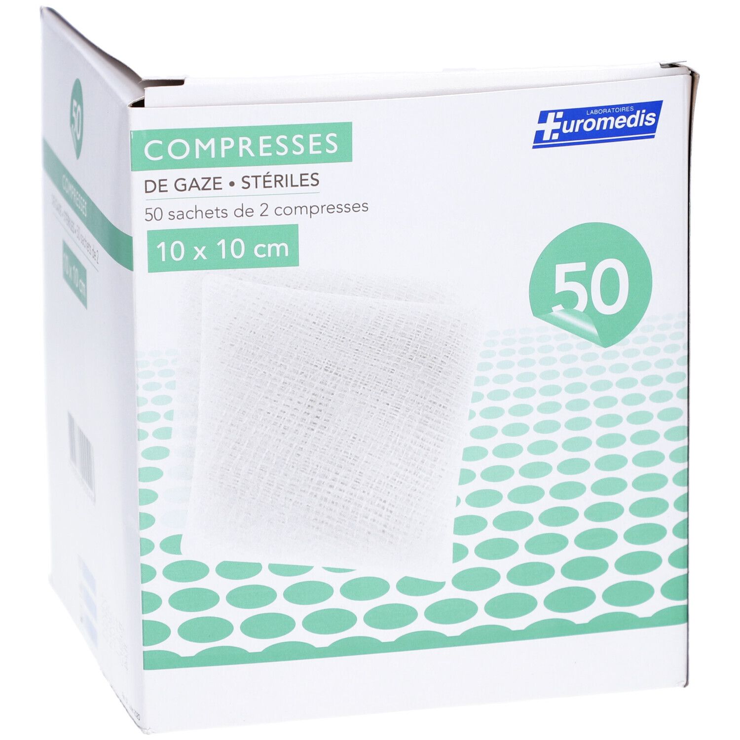 Boîte de compresses de gaze stériles. Inscription: COMPRESSES DE GAZE STÉRILES, 10 x 10 cm. Marque: EUROMEDIS. 50 unités. Vue de dessus.