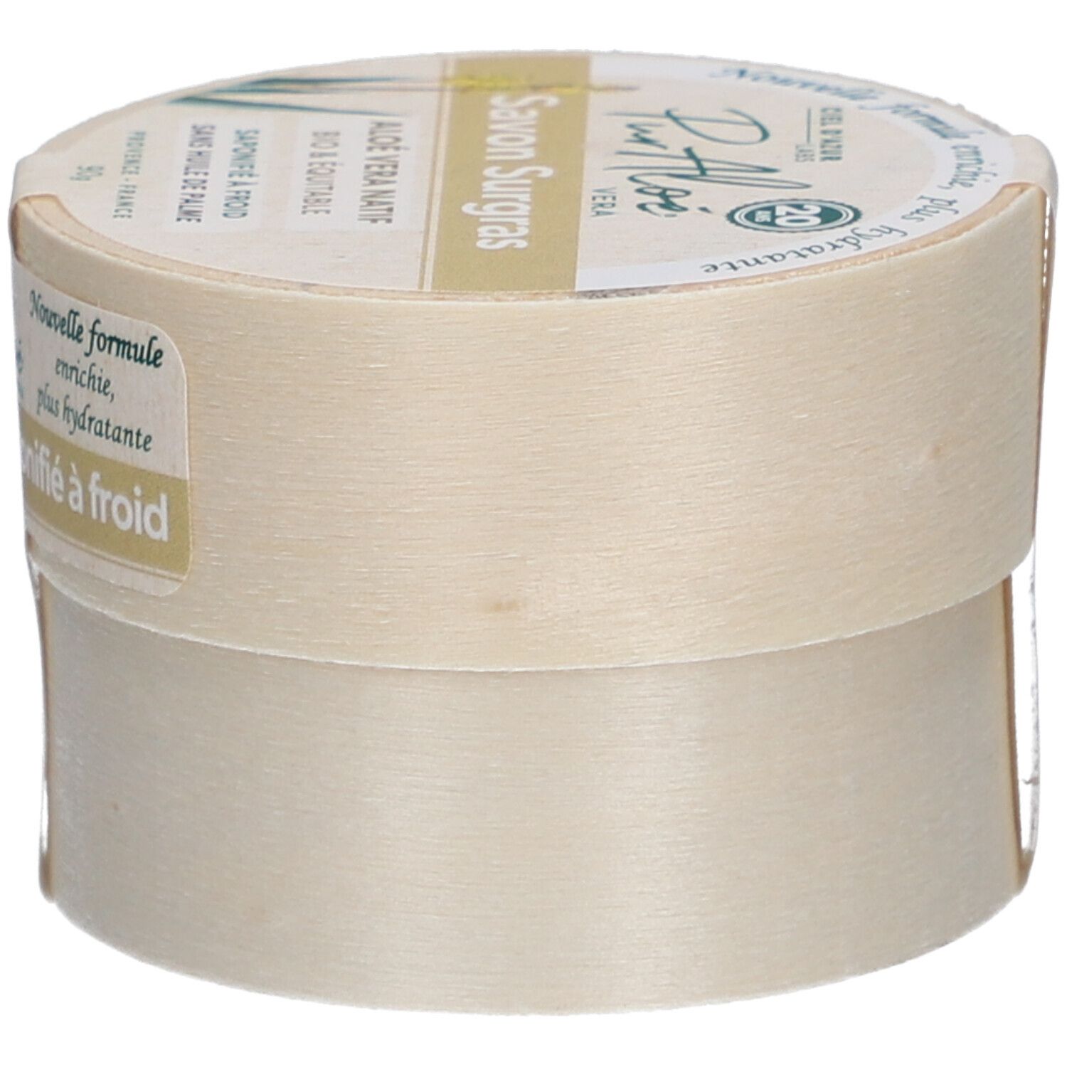Boîte ronde avec "Savon Surgras". Étiquette "PurAloé" et label bio. Texte : "Nouvelle formule, enrichie, plus hydratante".