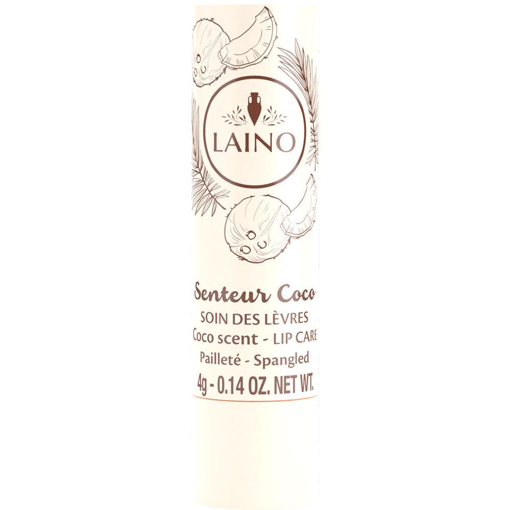 Stick de soin des lèvres au parfum de coco. Bâton blanc avec dessins bruns de noix de coco et feuilles. Texte: LAINO, Senteur Coco, 4g.