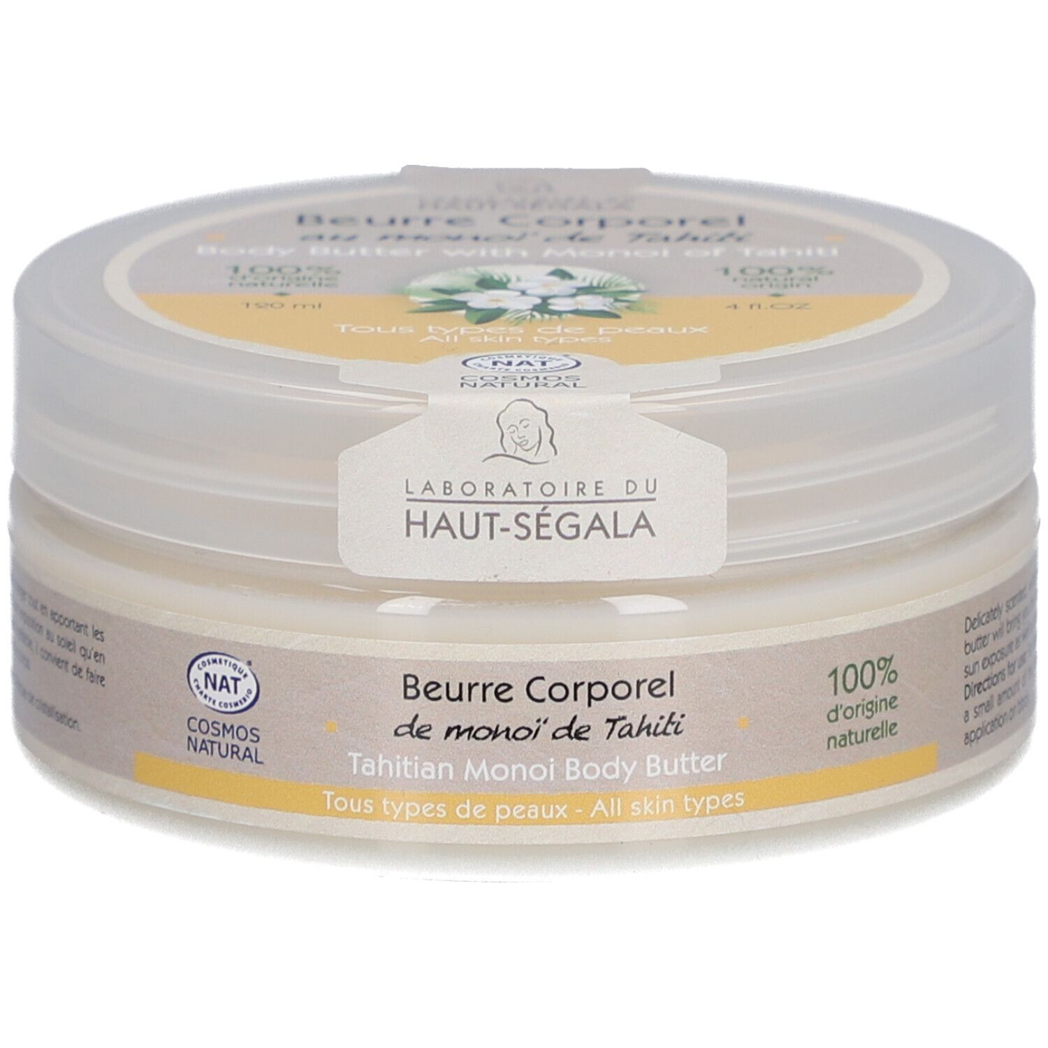 Pot de crème avec couvercle. Inscription: Beurre Corporel de Monoï de Tahiti. Marque: Laboratoire du Haut-Ségala. Certification Cosmos Natural.
