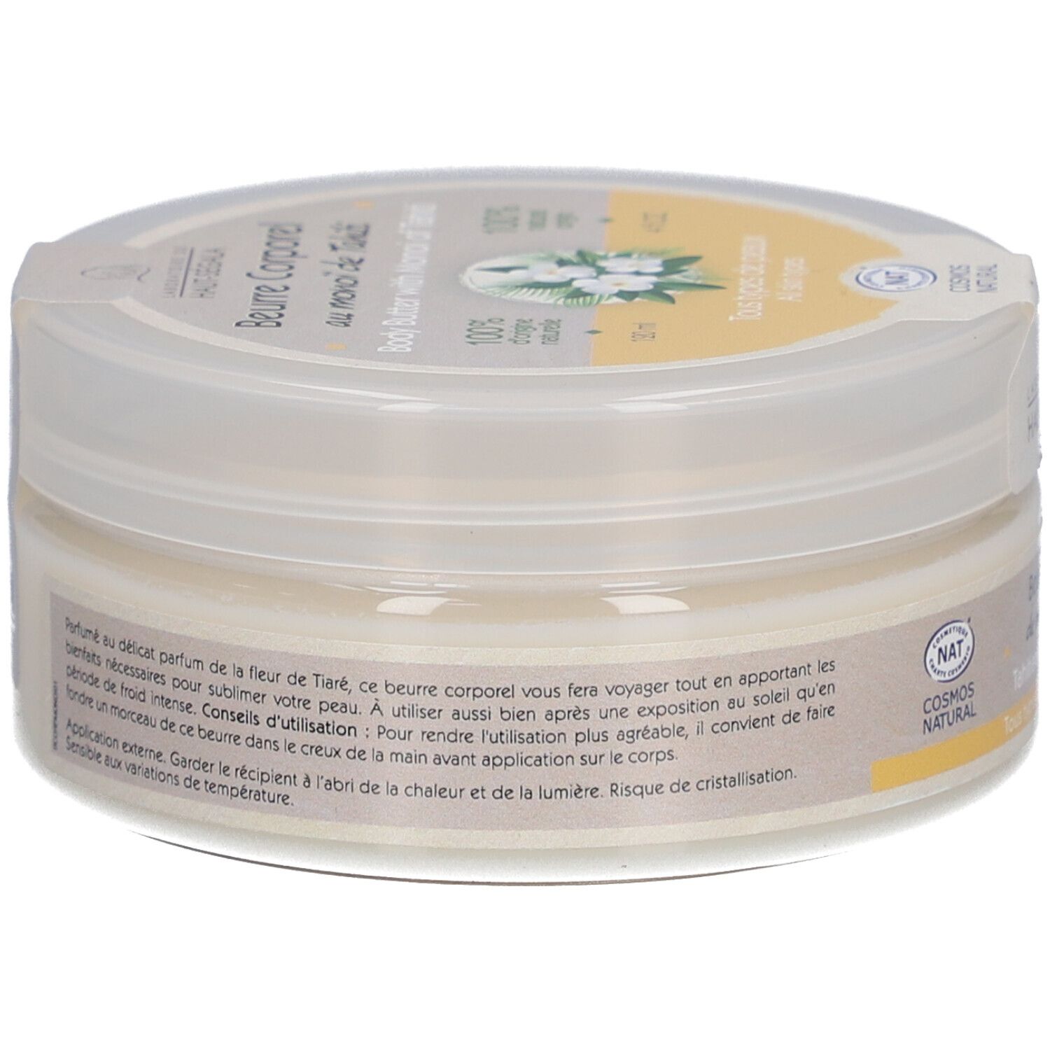 Pot de crème, vue latérale. Texte: Conseils d'utilisation, précautions. Certification Cosmos Natural. Nom du produit et marque visibles.