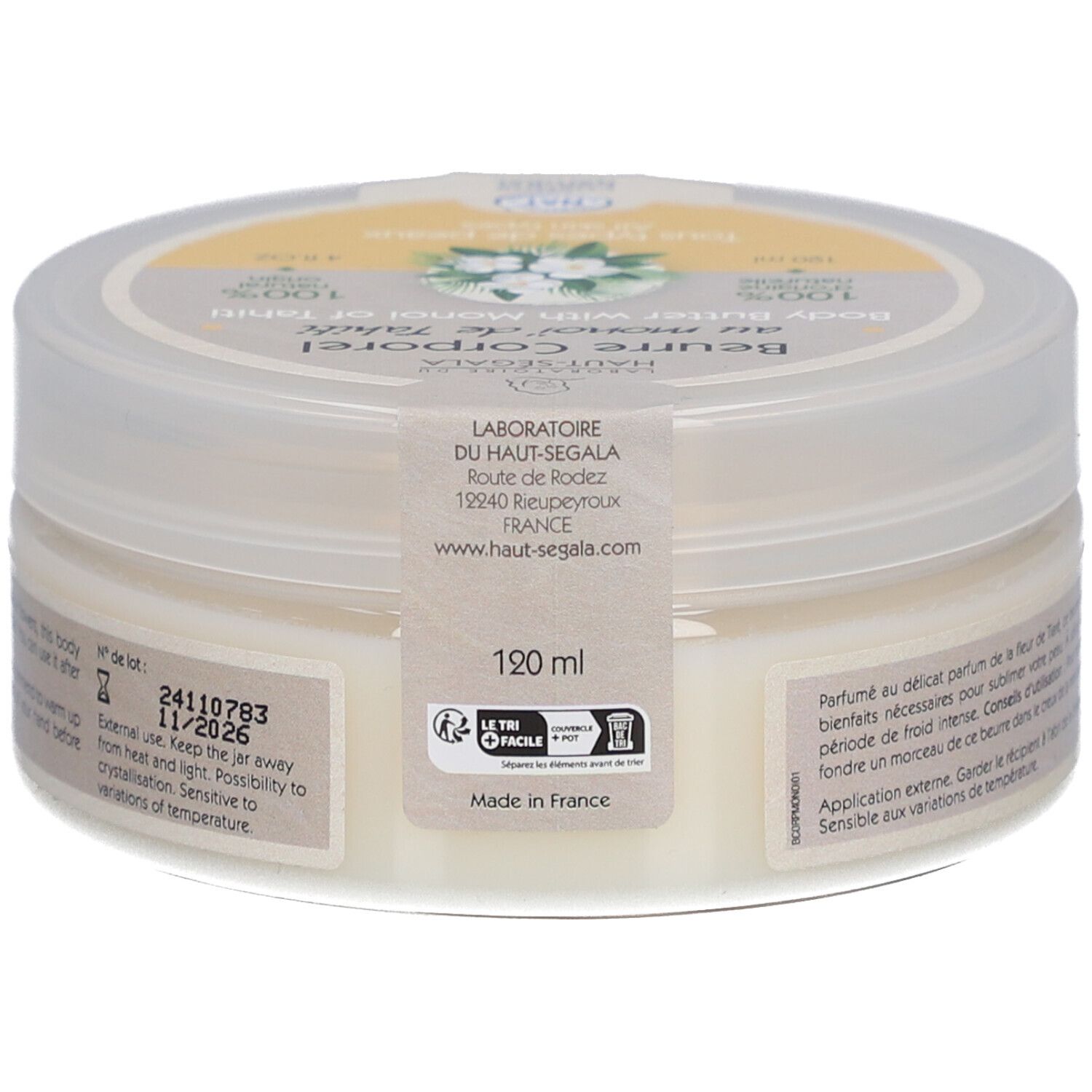 Pot de crème, vue arrière. Texte: 120 ml, date de péremption, adresse du fabricant. Logo: Le Tri Facile. Fabriqué en France.