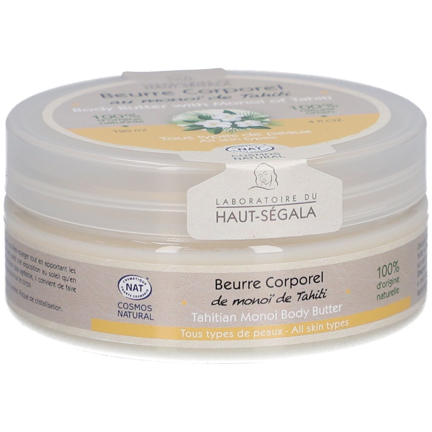 Pot de crème avec couvercle. Inscription: Beurre Corporel de Monoï de Tahiti. Marque: Laboratoire du Haut-Ségala. Certification Cosmos Natural.