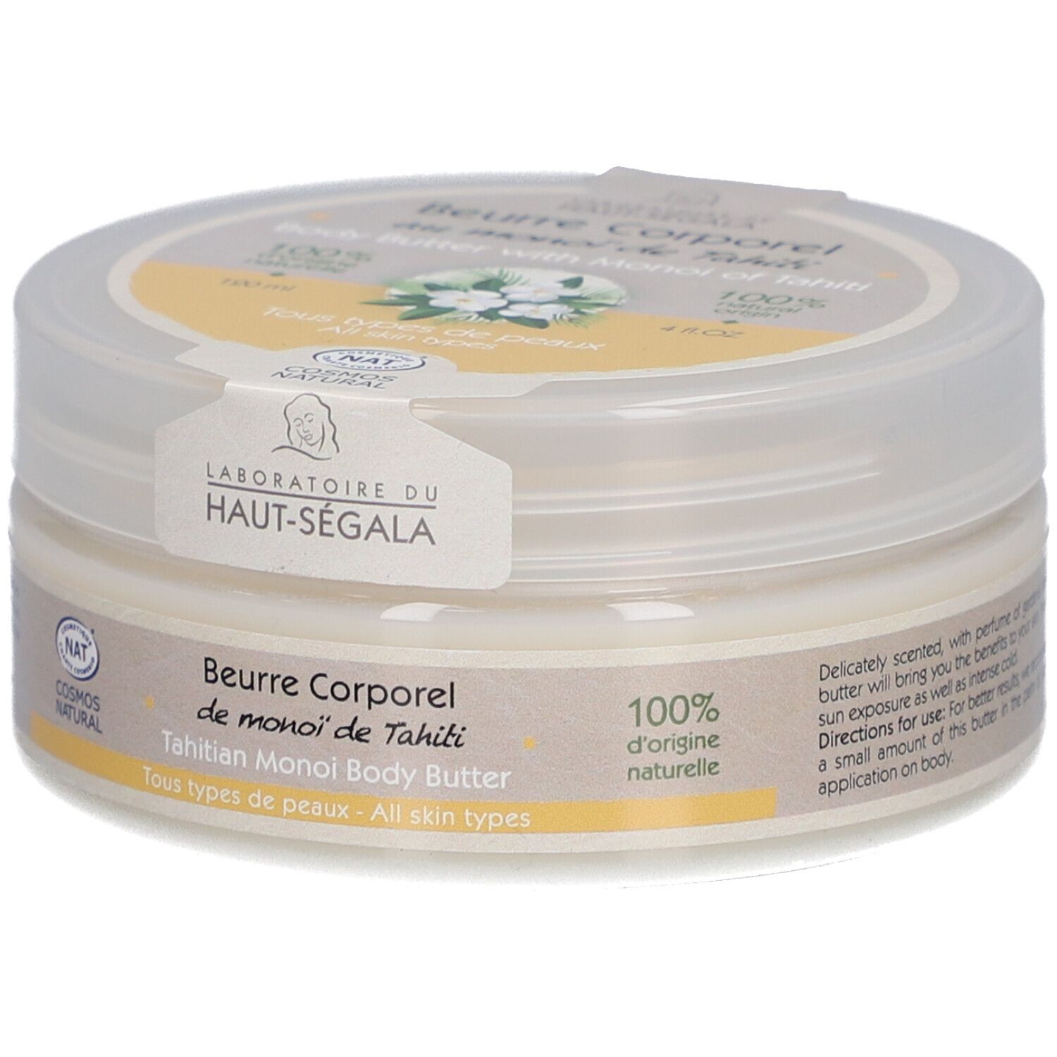 Pot de crème avec couvercle. Inscription: Beurre Corporel de Monoï de Tahiti. Marque: Laboratoire du Haut-Ségala. Certification Cosmos Natural.