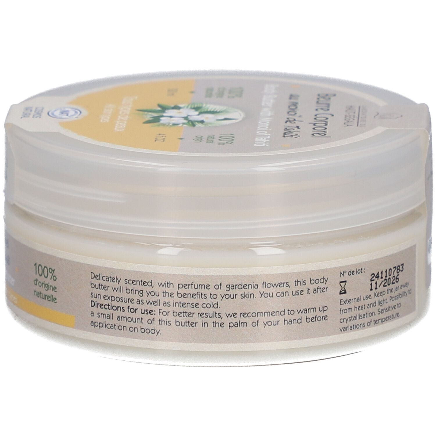 Pot de crème, vue latérale. Texte: Conseils d'utilisation, date de péremption. 100% d'origine naturelle. Marque et nom du produit visibles.