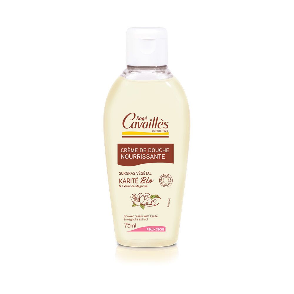 Flacon de crème de douche Rogé Cavaillès. Inscription: Crème de Douche Nourrissante Karité Bio & Extrait de Magnolia. 75ml. Bouchon blanc.