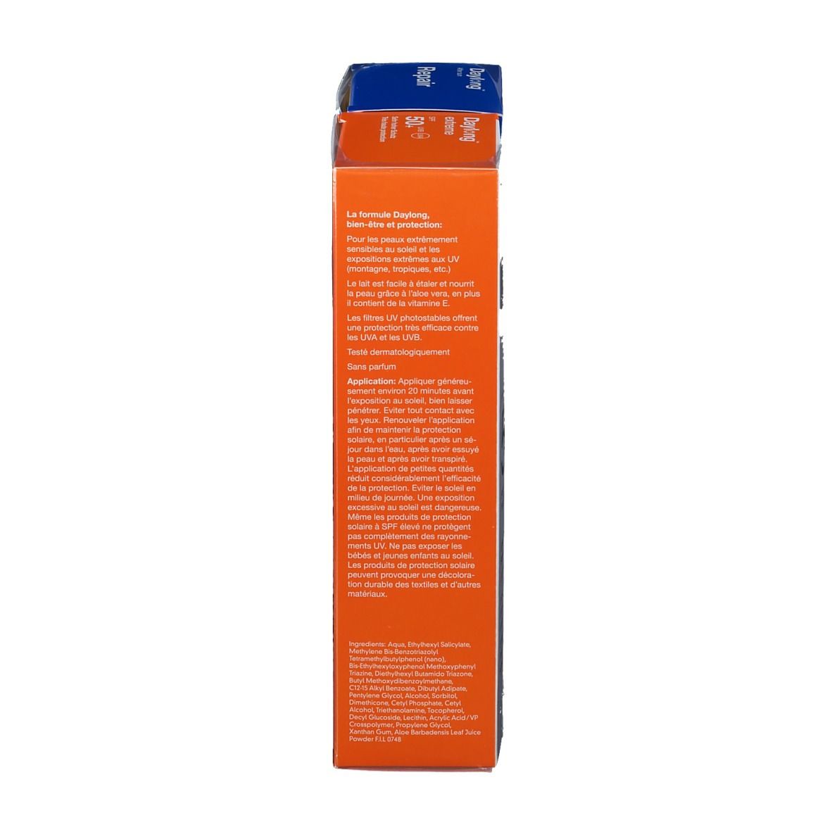 Vue latérale de l'emballage Daylong®. Informations produit et instructions d'utilisation. Éléments bleus et orange.