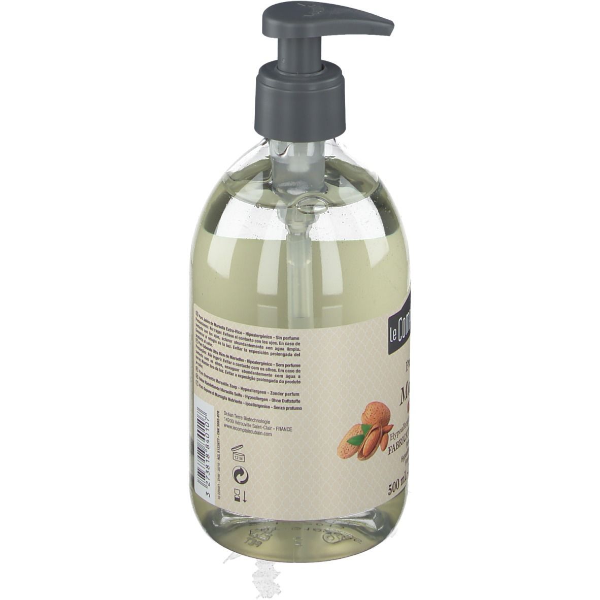 Dos d'un flacon de savon transparent avec pompe. Étiquette avec texte et ingrédients. 500 ml.