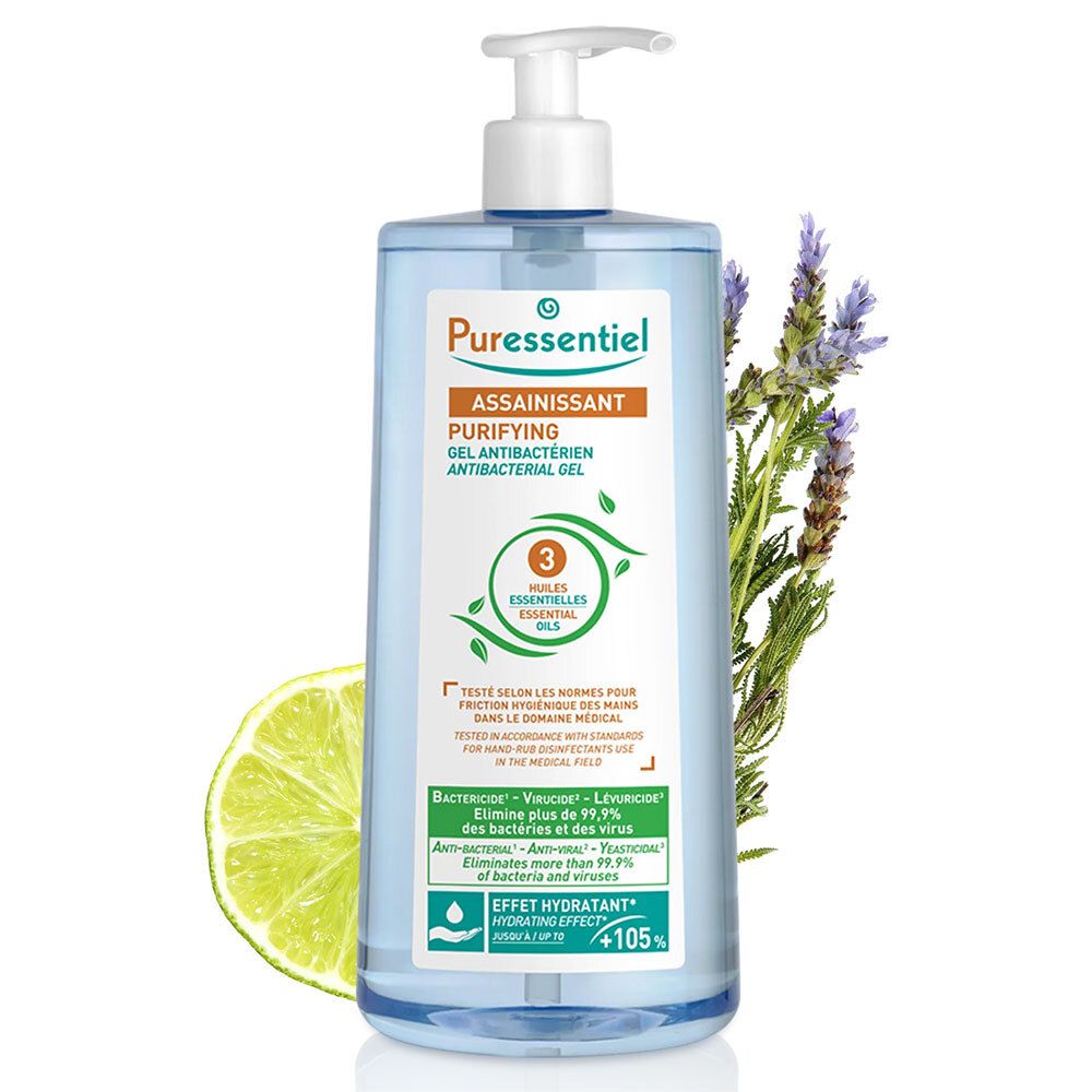 Flacon bleu transparent avec pompe blanche. Tranche de citron vert et brin de lavande. Inscription: Puressentiel Assainissant, gel antibactérien.