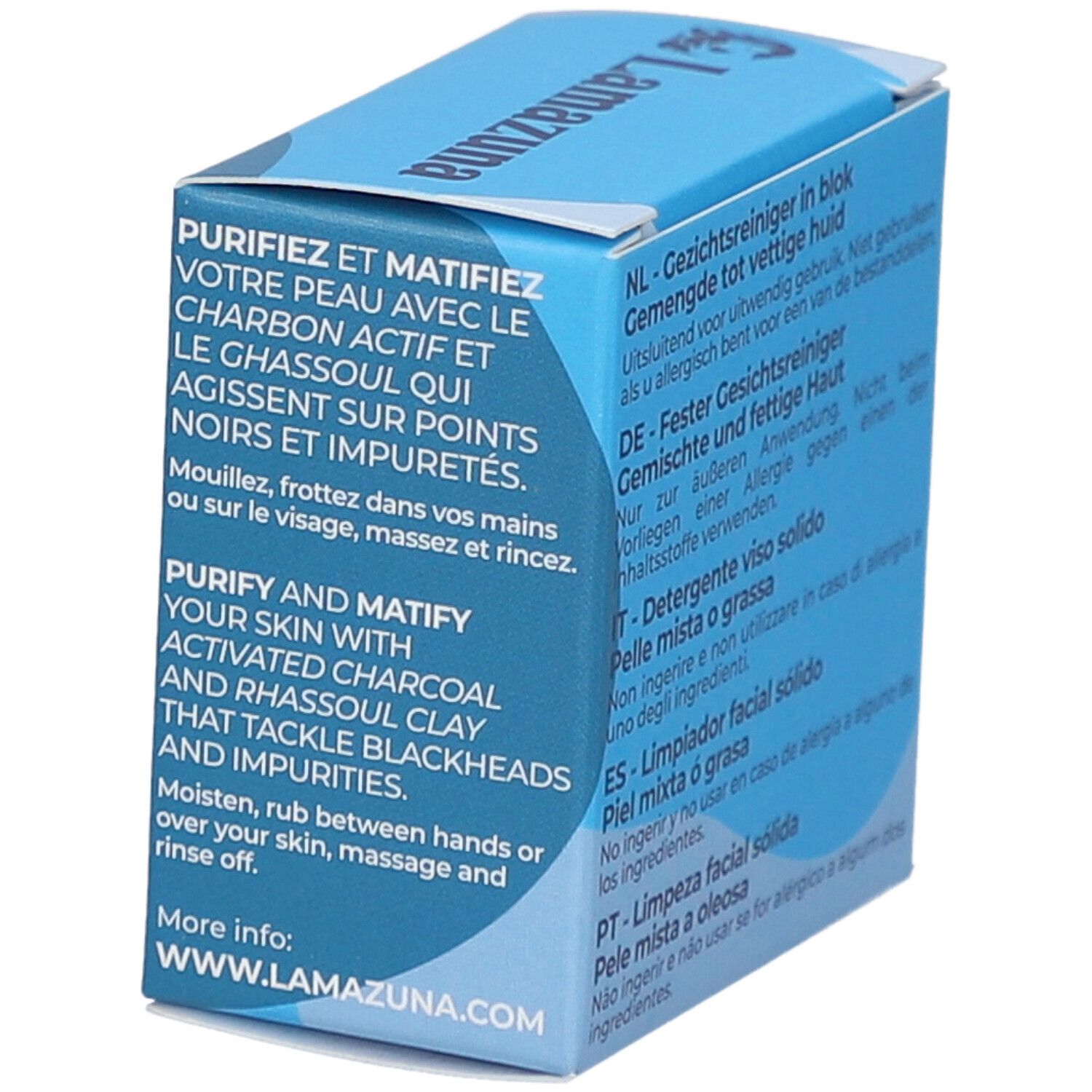 Boîte bleue avec texte en français et anglais. Informations sur l'utilisation et l'adresse du site web.