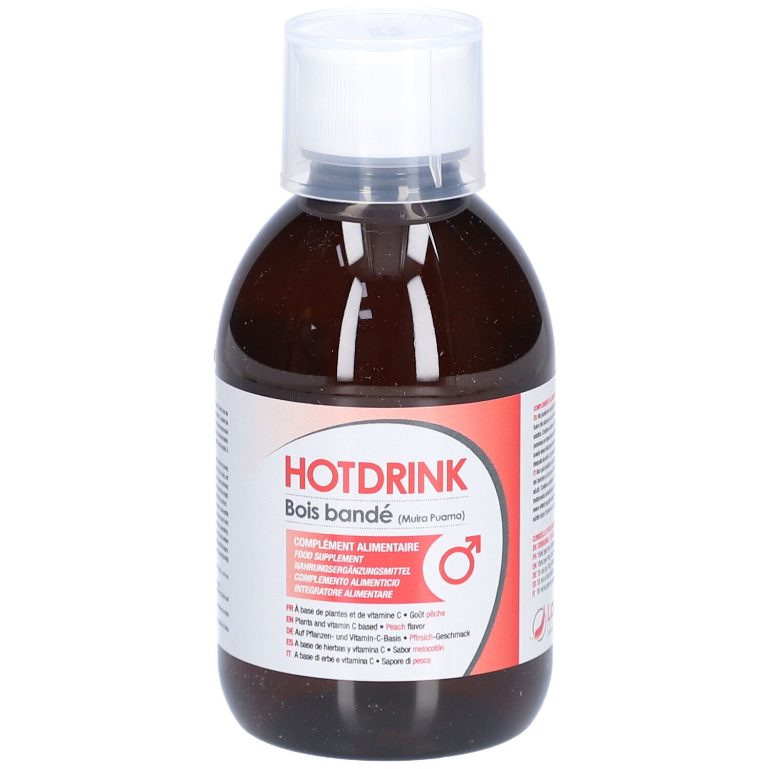 Bouteille marron avec bouchon blanc. Inscription HOTDRINK, Bois bandé. Complément alimentaire avec vitamine C. Symbole masculin.