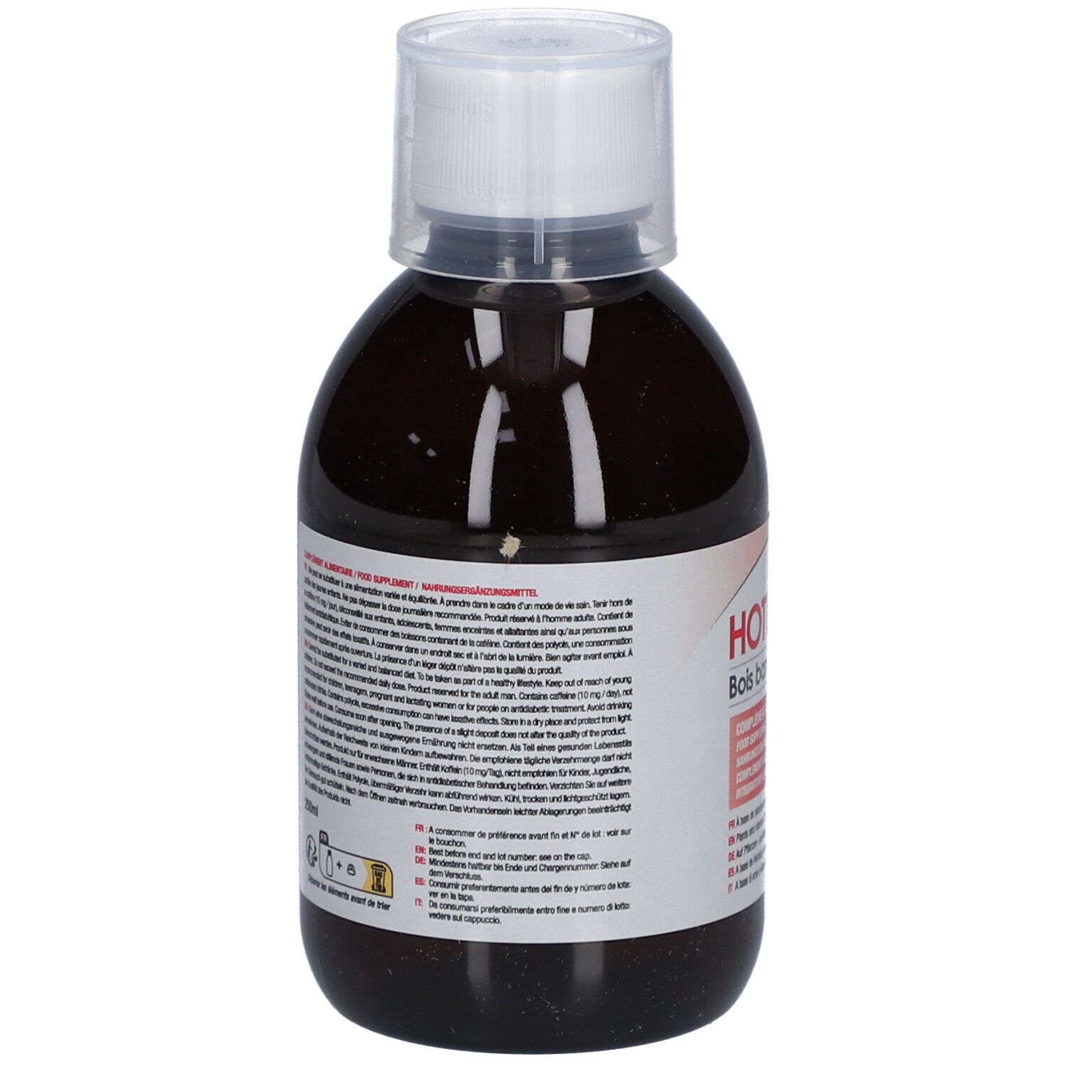 Dos d'une bouteille marron avec bouchon blanc. Texte multilingue. Complément alimentaire. 250ml.