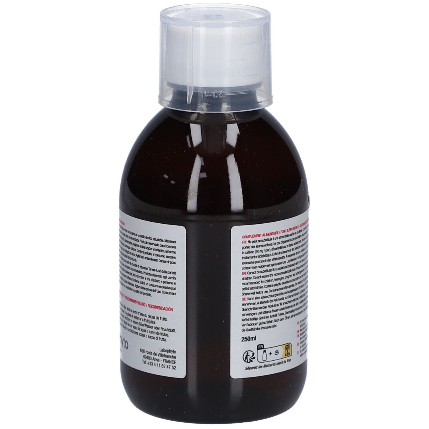 Dos d'une bouteille marron avec bouchon blanc. Texte multilingue. Complément alimentaire. 250ml.