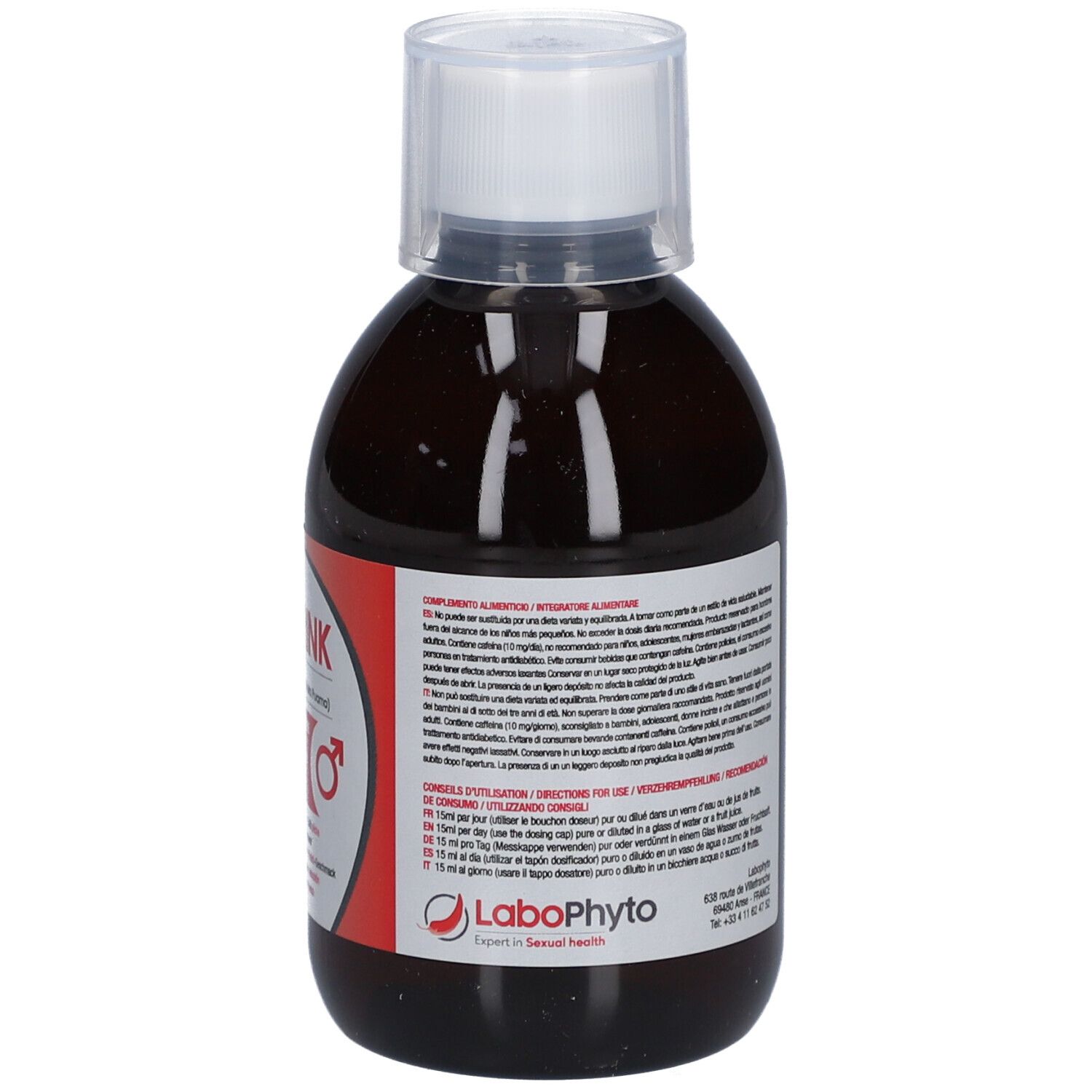 Bouteille marron avec bouchon blanc. Inscription HOTDRINK, Bois bandé. Logo LaboPhyto. Complément alimentaire.