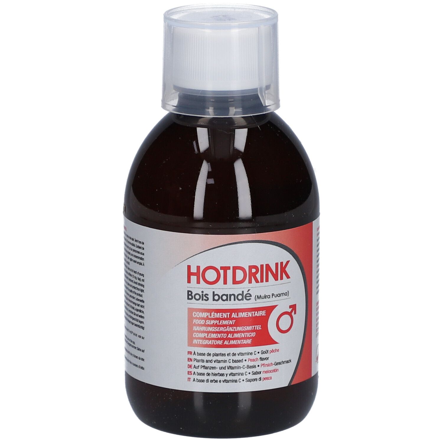 Bouteille marron avec bouchon blanc. Inscription HOTDRINK, Bois bandé. Complément alimentaire avec vitamine C. Symbole masculin.